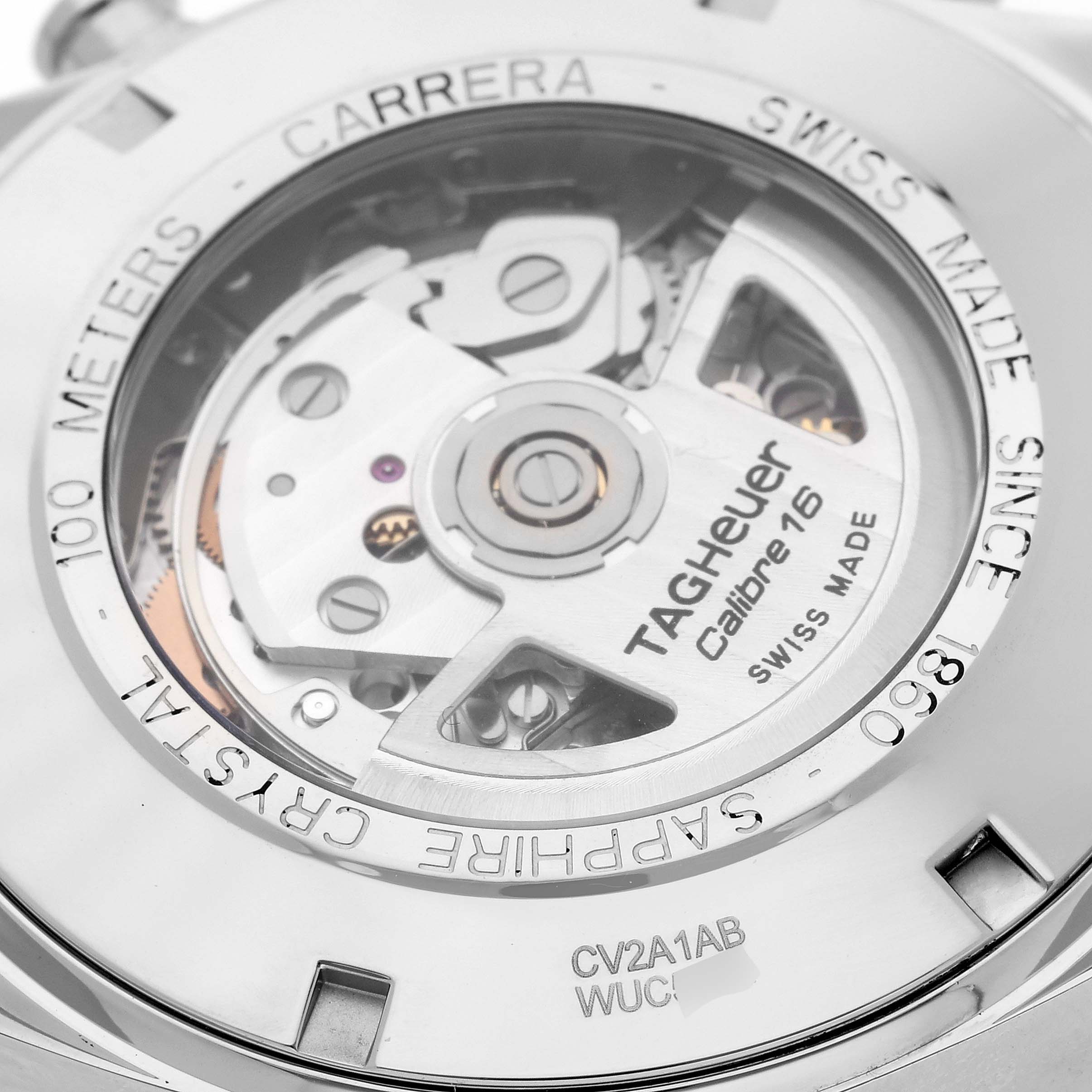 The image shows the back view of a Tag Heuer Carrera CV2A1AB.FC6379 Men's Stainless Steel Black Dial CV2A1AB.FC6379 Men's Stainless Steel Black Dial watch, displaying the Calibre 16 movement and inscriptions.