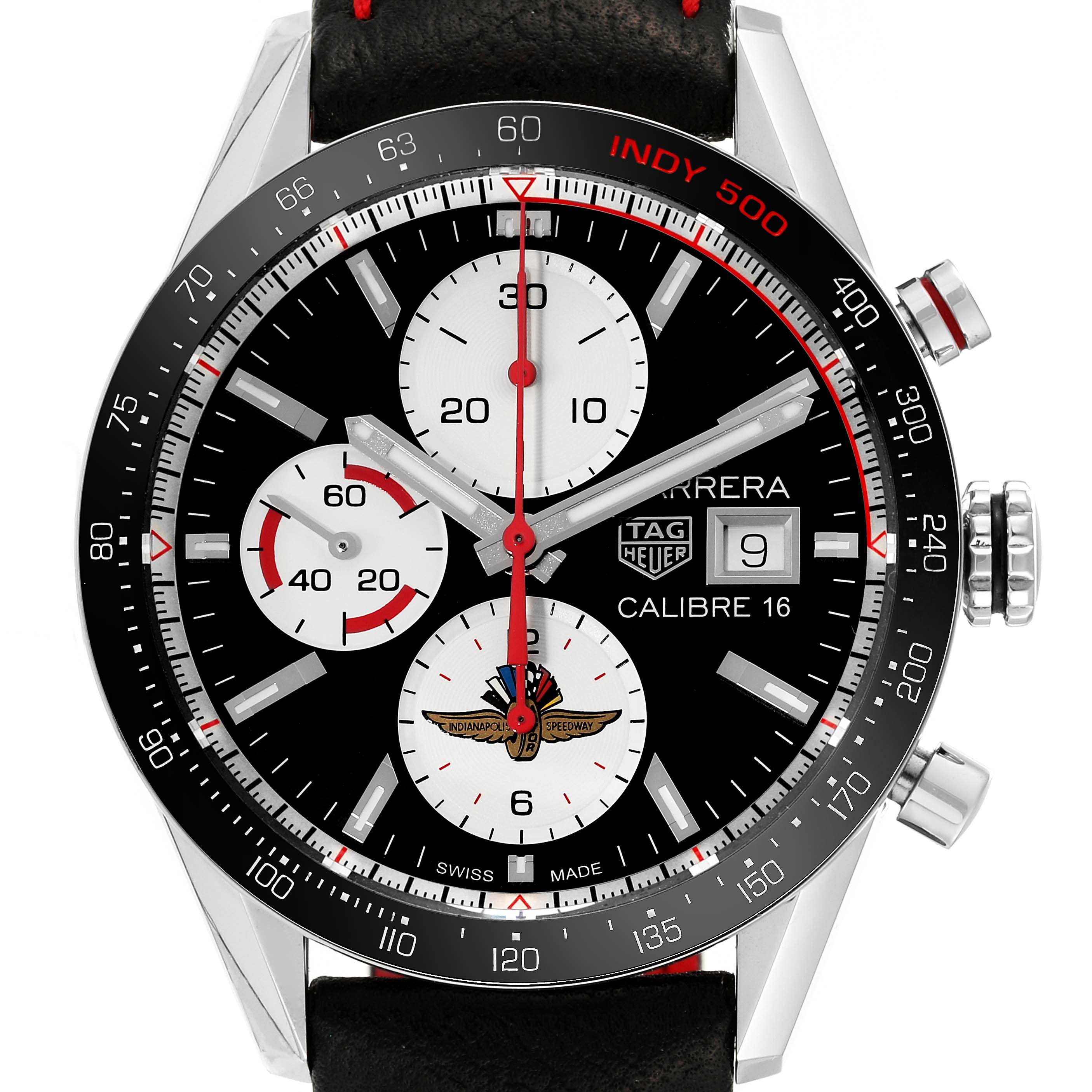 The image displays a frontal view of the Tag Heuer Carrera Calibre 16 Limited Edition Indy 500 watch, showing the dial, hands, subdials, and date window.