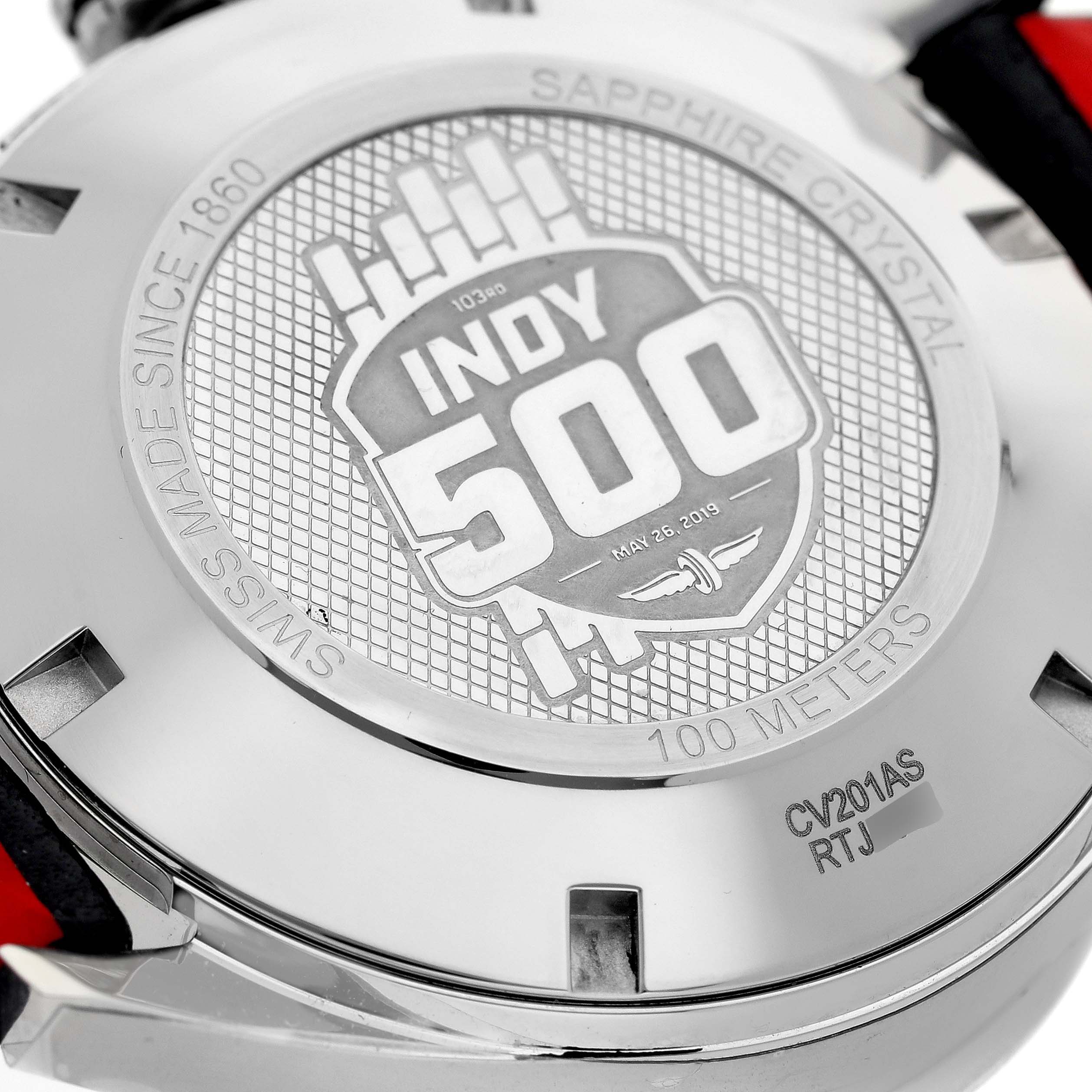This image shows the back of a Limited Edition Tag Heuer "Indy 500" watch, highlighting its engraving and details.