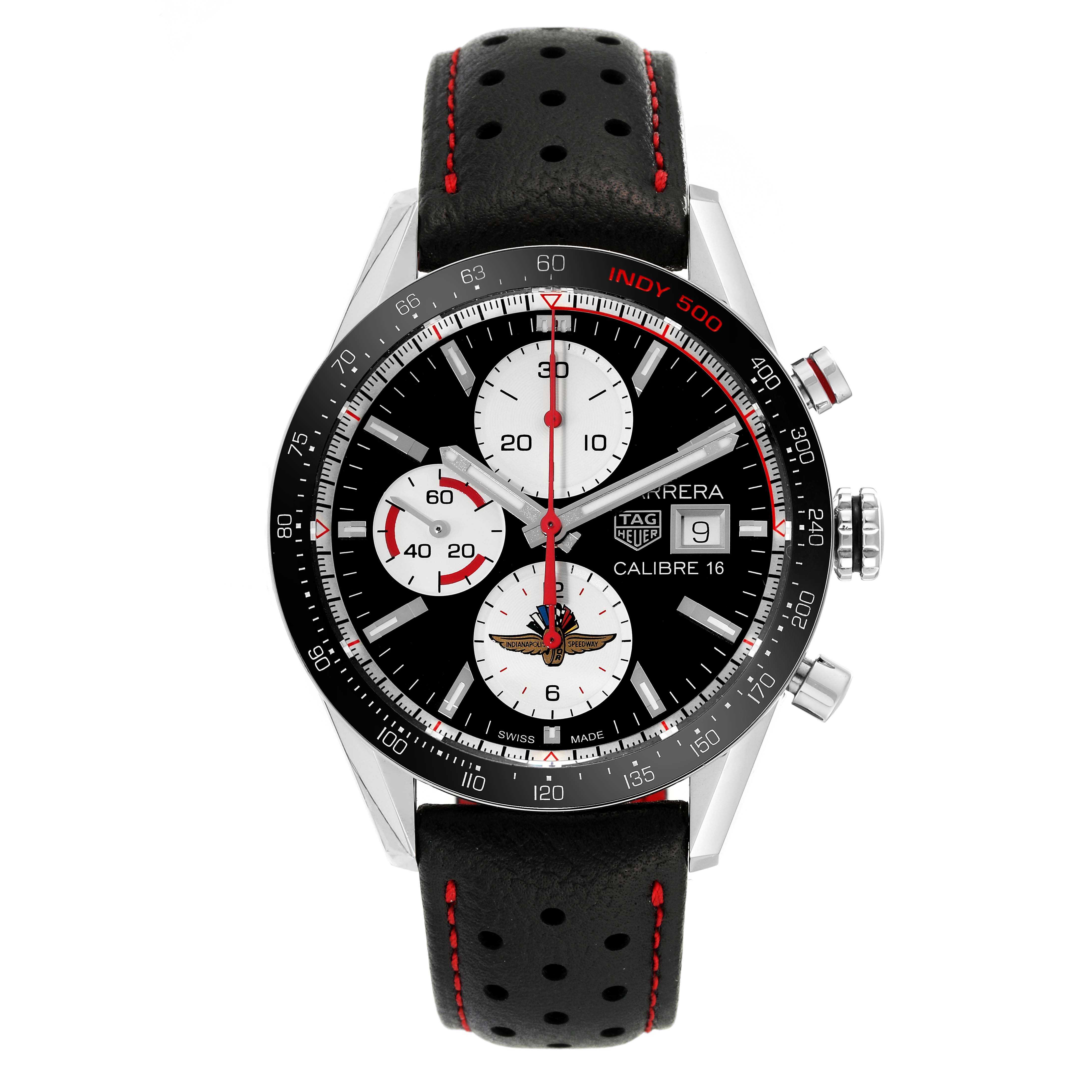 The image shows a front view of the Tag Heuer Carrera Calibre 16 Limited Edition watch with a black and red perforated leather strap.