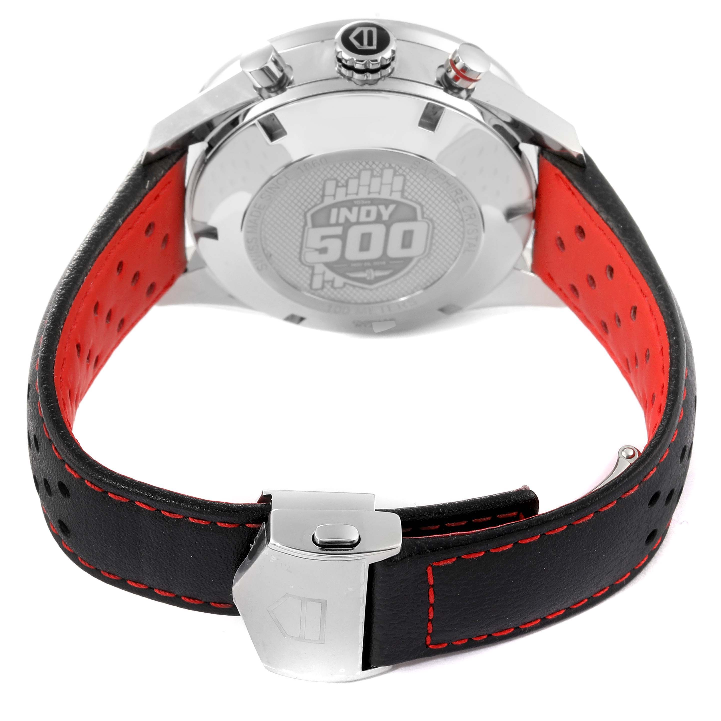 This image shows the back and clasp of the Limited Edition Tag Heuer Indy 500 model with a black and red strap.