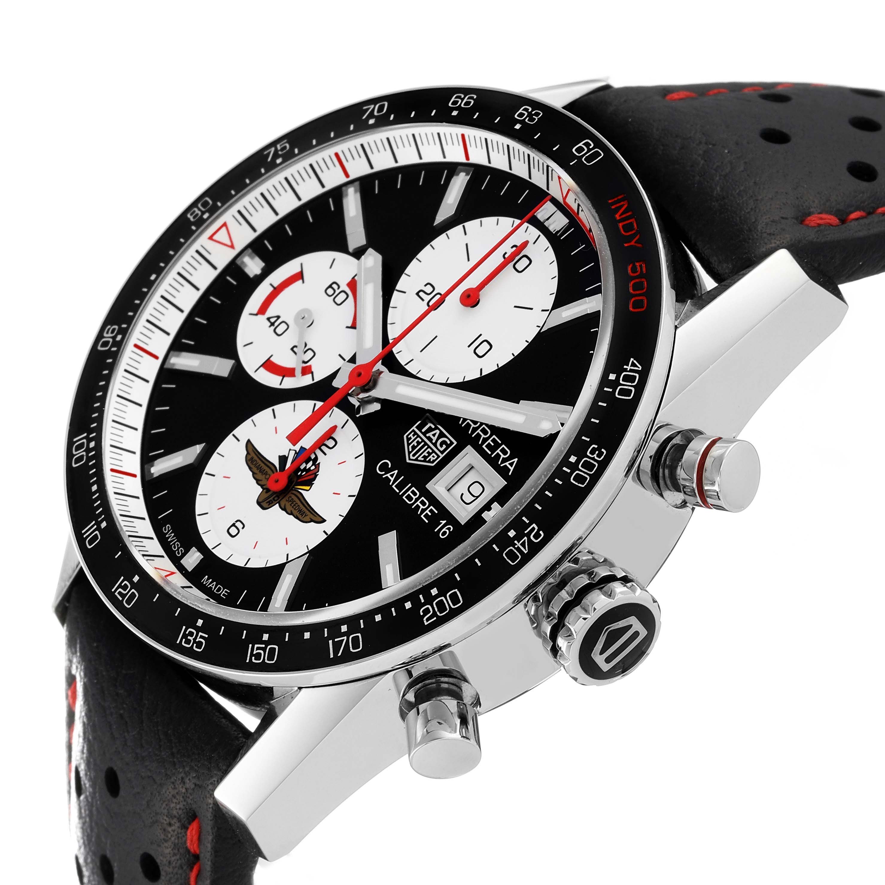 This image shows a side angle of the Tag Heuer Carrera Limited Edition, highlighting the dial, case, crown, and leather strap.