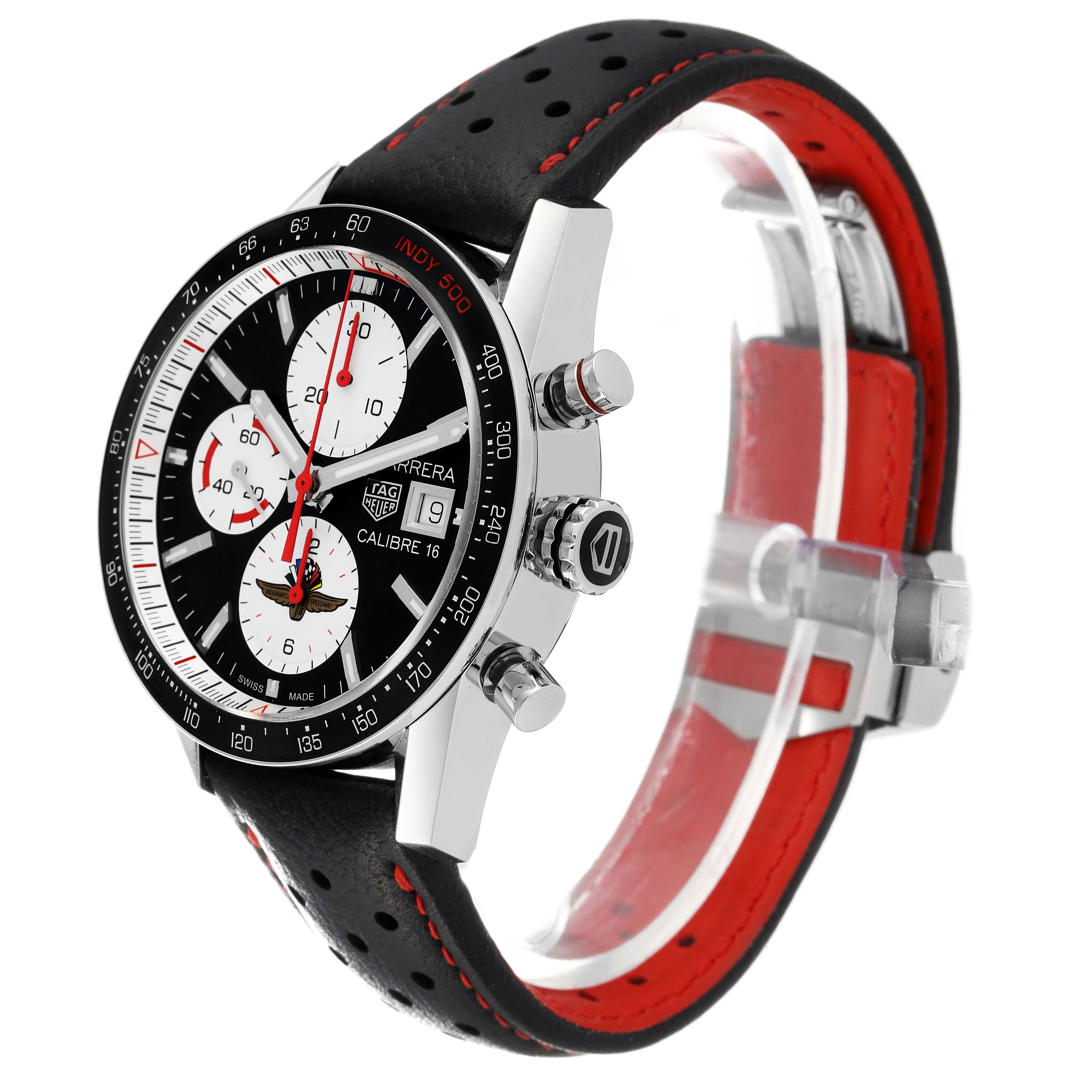 This image shows a right-side angle of the Tag Heuer Carrera Calibre 16 Limited Edition watch, highlighting the chronograph, bezel, and strap.