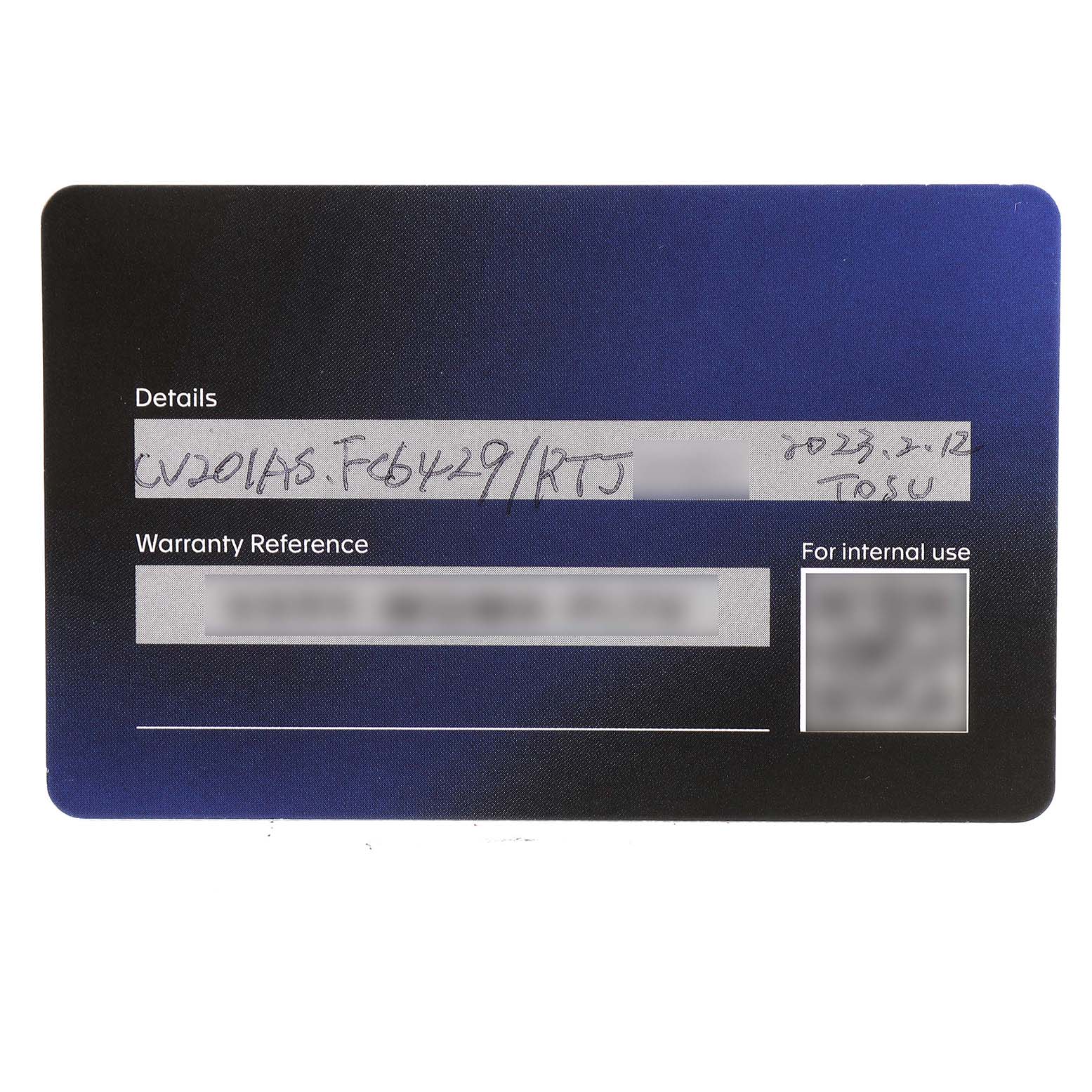 This image shows a warranty card for a Limited Edition Tag Heuer CV201AS watch, with handwritten details and reference number.