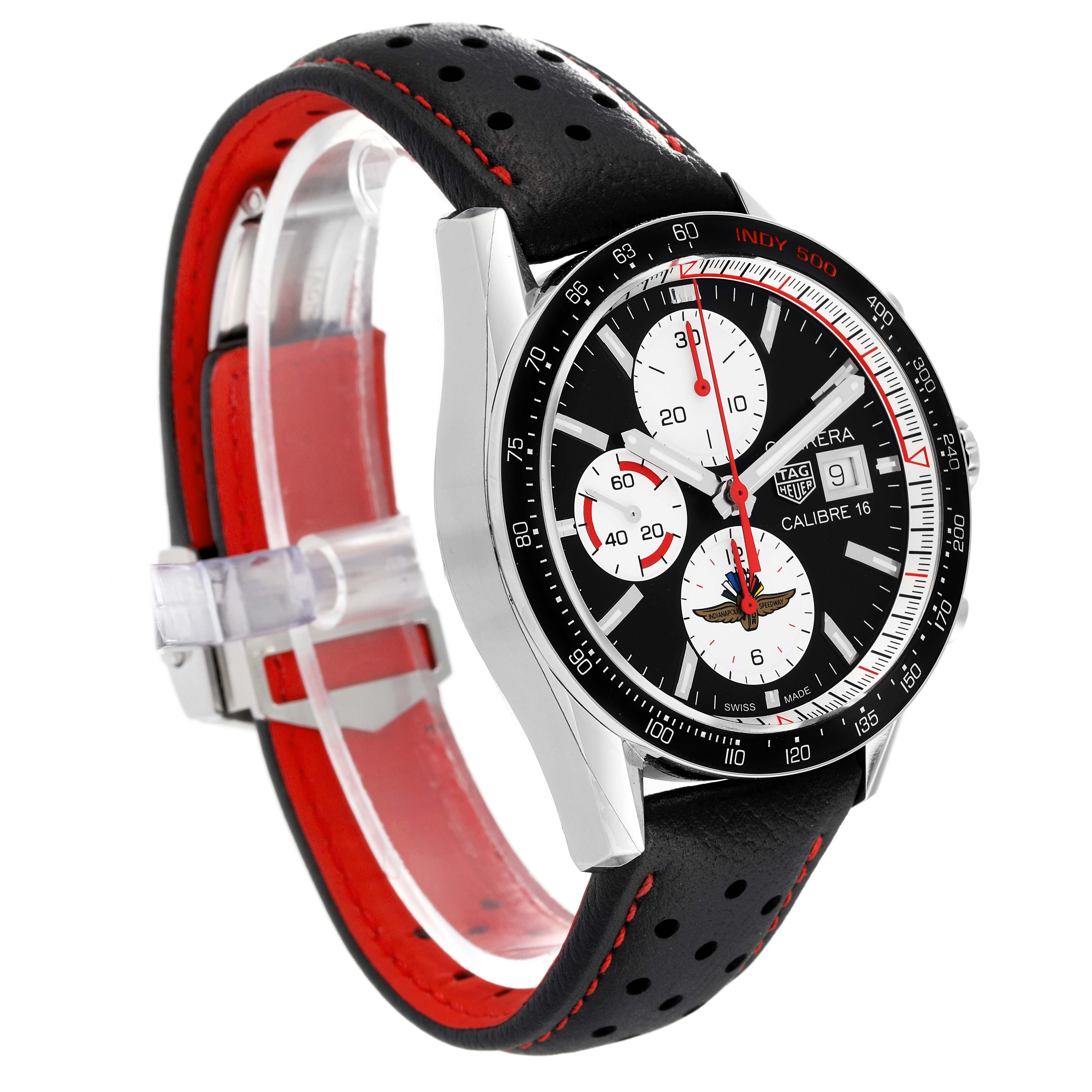 Side angle view of the Tag Heuer Carrera Calibre 16 Indy 500 Limited Edition watch, displaying its face, bezel, and leather strap.
