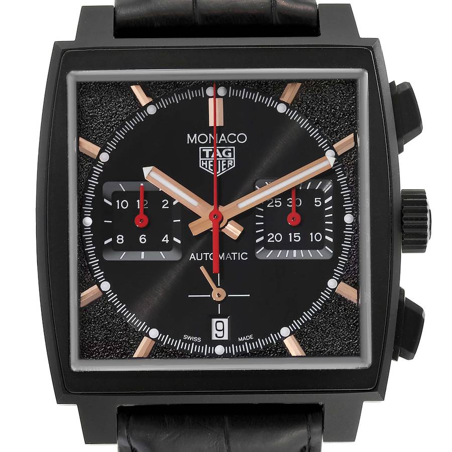 The Tag Heuer Monaco CBL2180 Men's Titanium Black Dial watch is shown from the front, displaying the dial, hands, subdials, and crown.