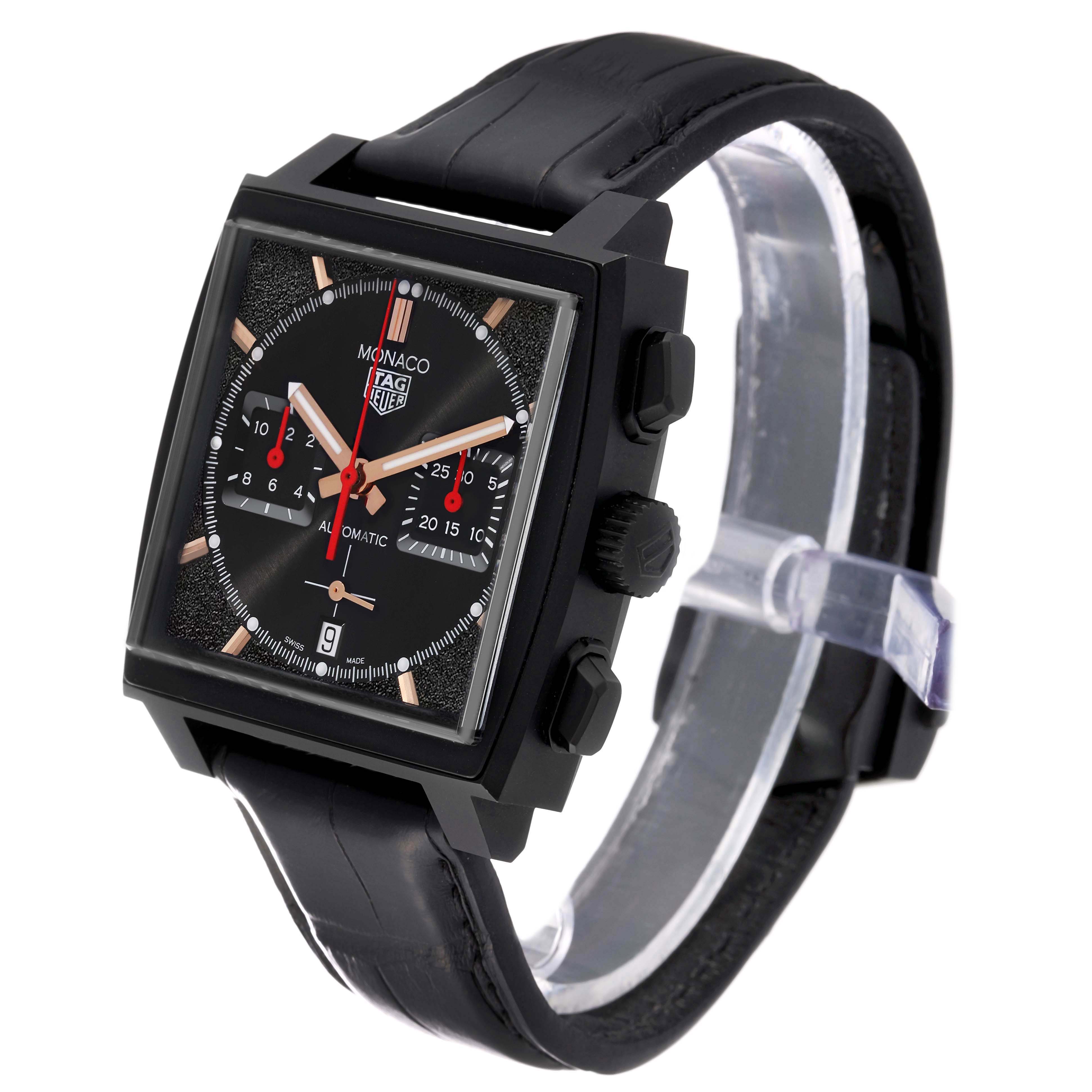 The Tag Heuer Monaco CBL2180 Men's Titanium Black Dial watch is shown at an angled front view, highlighting its square case, strap, and dial features.