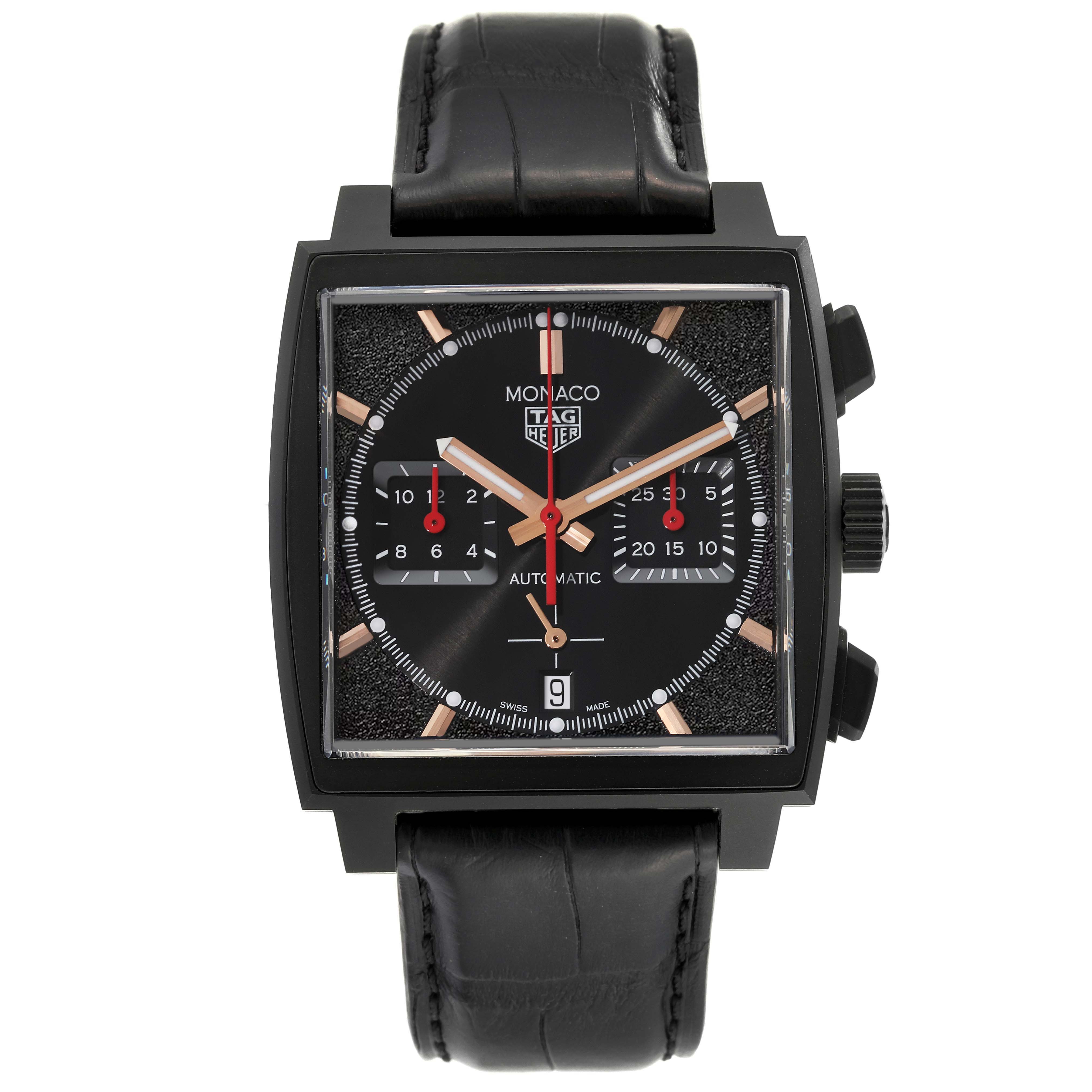 The Tag Heuer Monaco CBL2180 Men's Titanium Black Dial CBL2180 Men's Titanium Black Dial watch is shown from a front view, displaying the dial, chronograph subdials, and black leather strap.