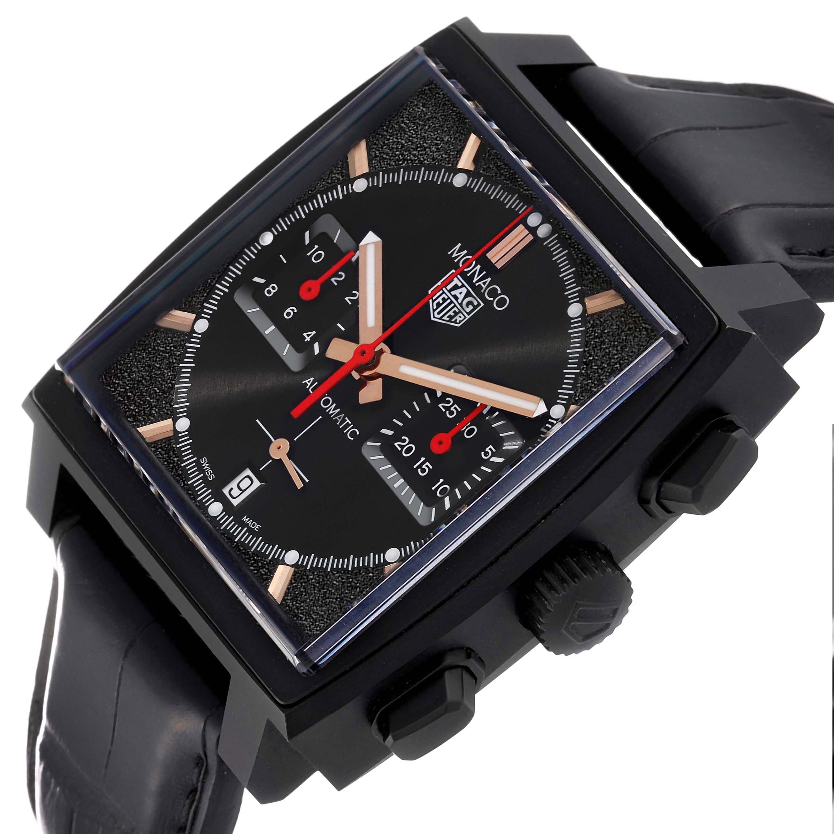 The Tag Heuer Monaco CBL2180 Men's Titanium Black Dial CBL2180 Men's Titanium Black Dial watch is shown at an angled view, displaying the face, side buttons, and part of the strap.