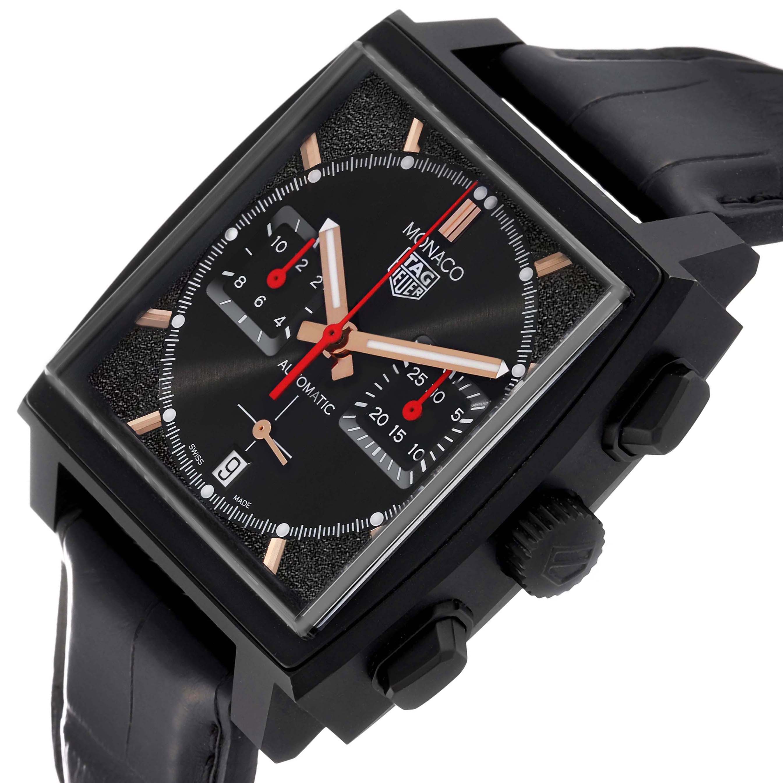 The Tag Heuer Monaco CBL2180 Men's Titanium Black Dial watch is shown at an angle focusing on the dial, case, and pushers.