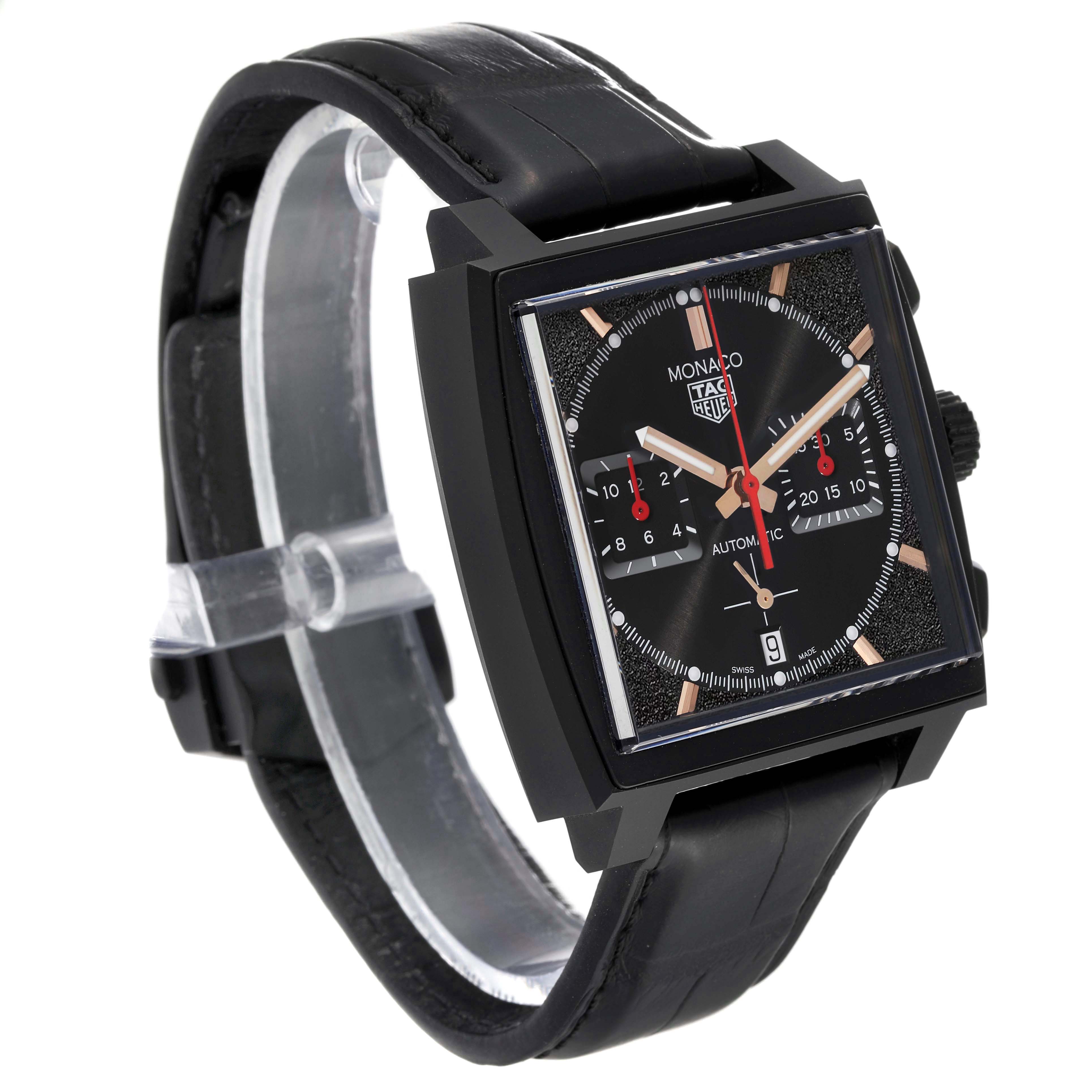 The Tag Heuer Monaco CBL2180 Men's Titanium Black Dial CBL2180 Men's Titanium Black Dial watch is shown at a three-quarter angle, highlighting its face, crown, and strap.