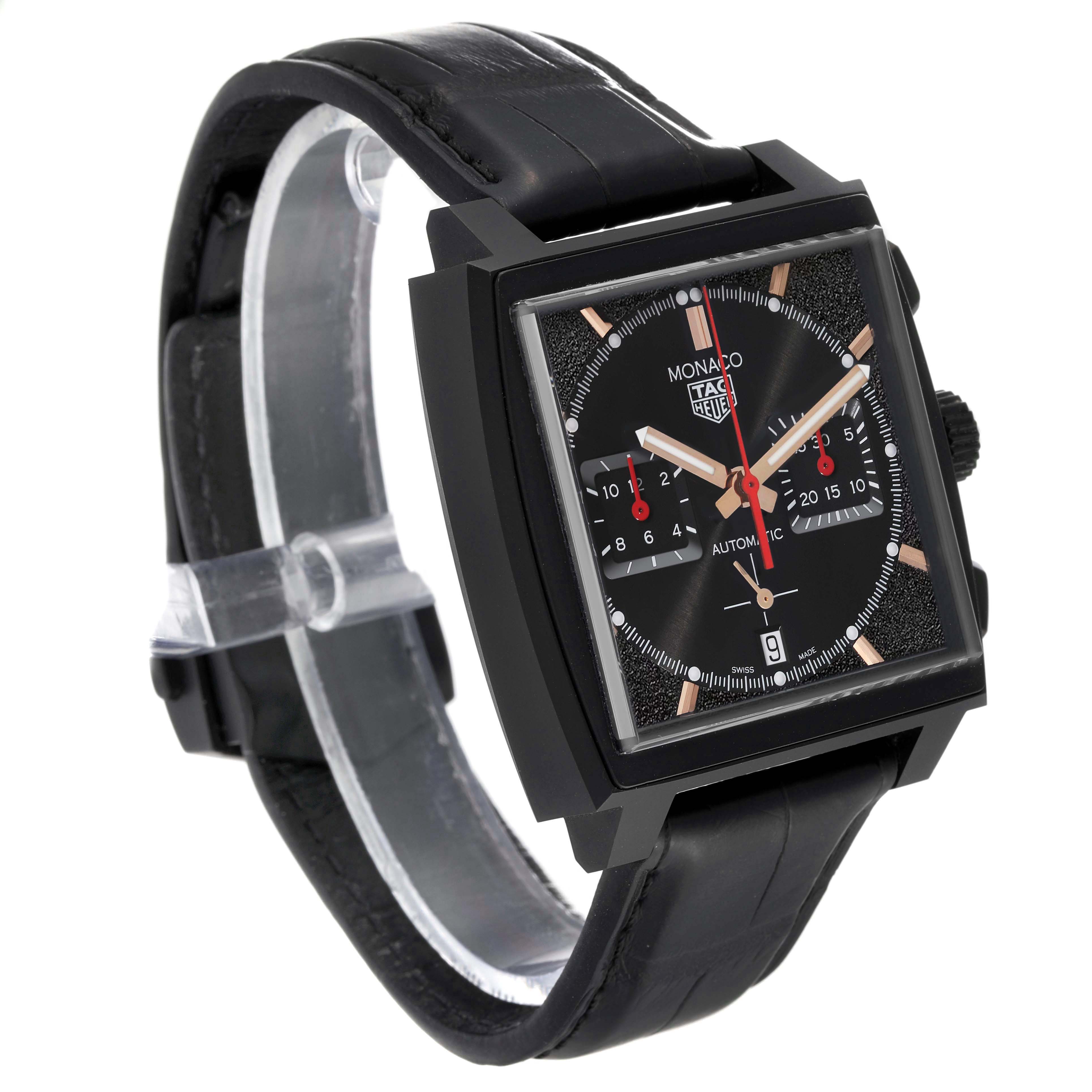 The image shows a Tag Heuer Monaco CBL2180 Men's Titanium Black Dial watch at a slight angle, highlighting its face, square case, and black leather strap.