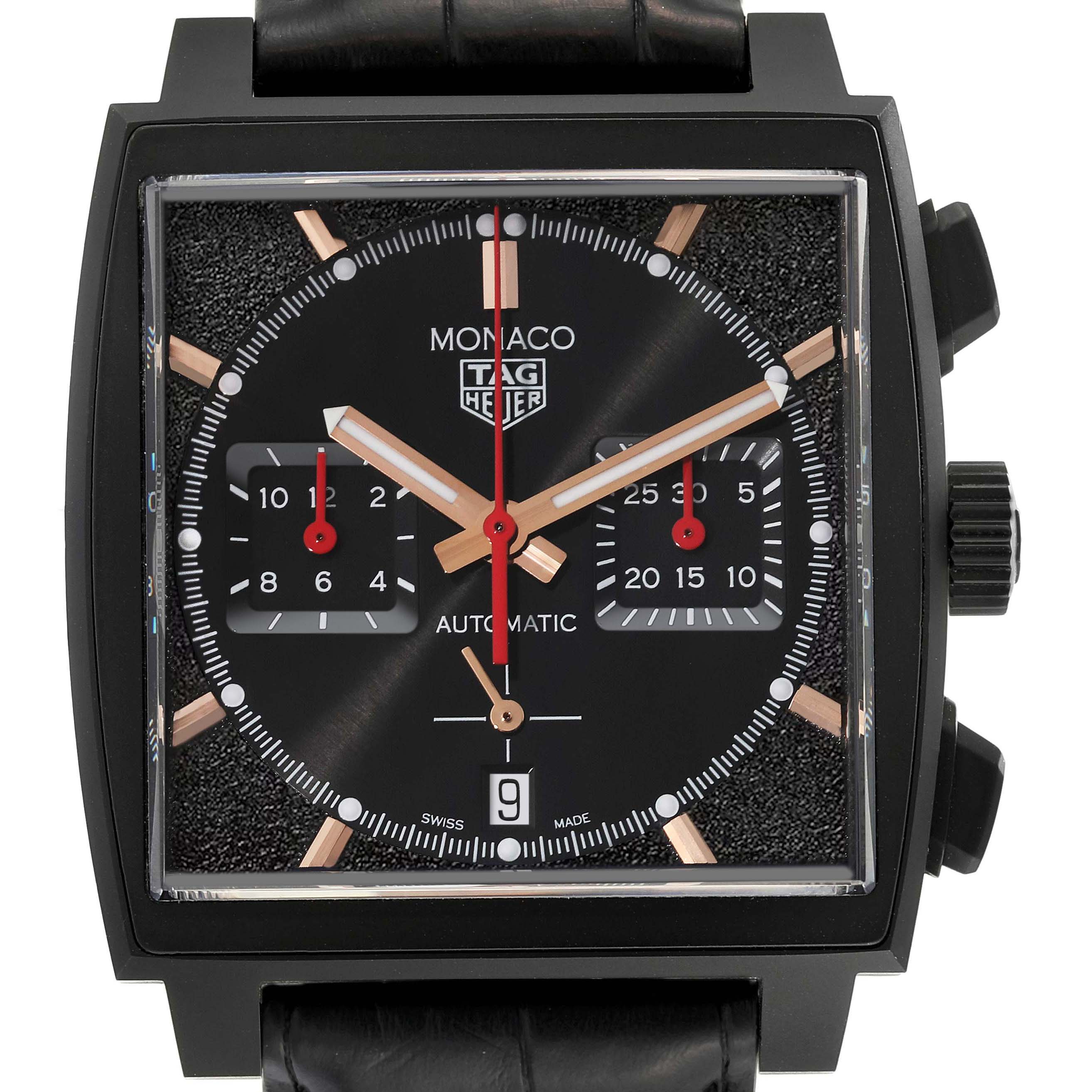 The Tag Heuer Monaco CBL2180 Men's Titanium Black Dial CBL2180 Men's Titanium Black Dial watch is shown from the front, highlighting the dial, subdials, and crown.
