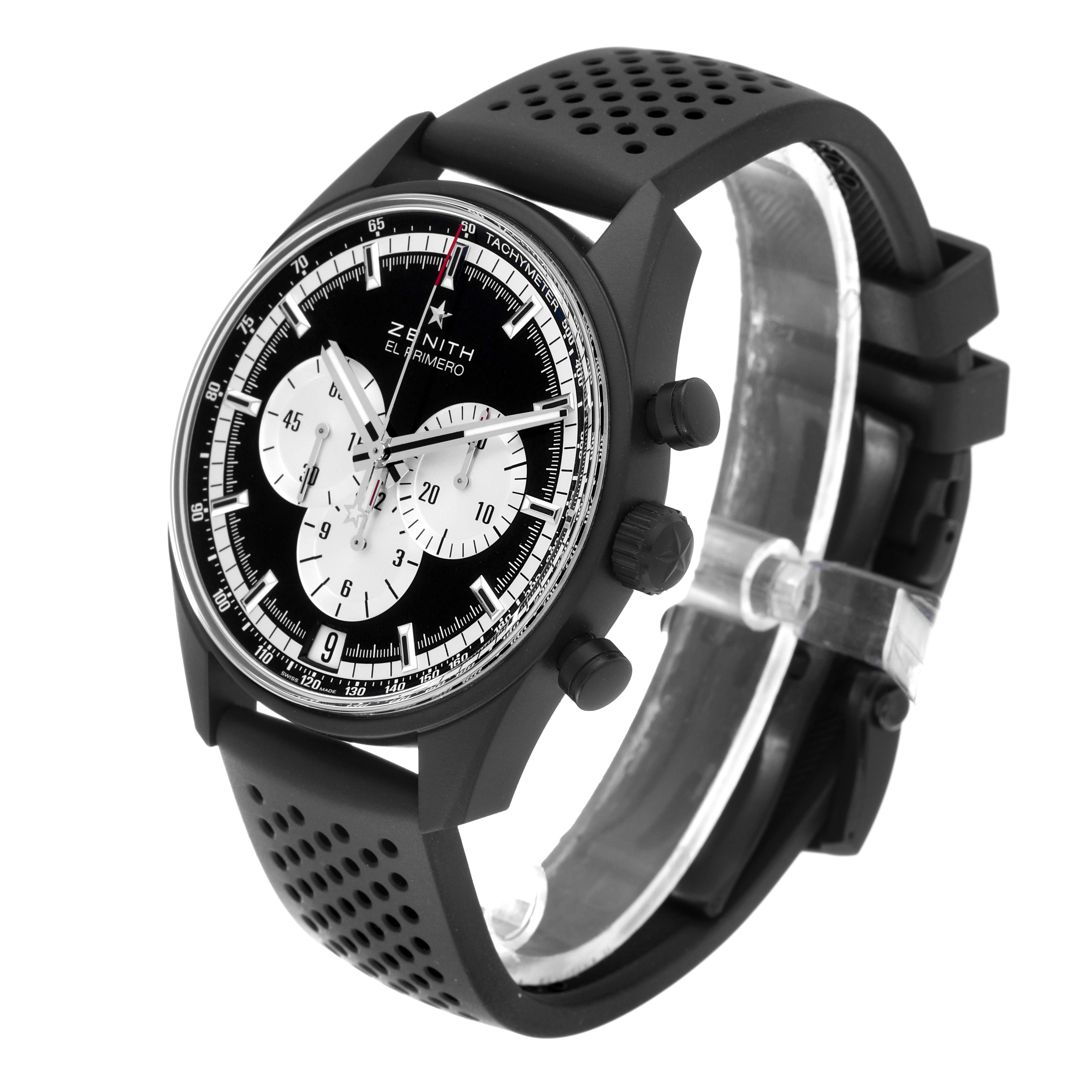 The image shows a Zenith Chronomaster 24.2041.400/21.R576 Men's Ceramic Black Dial 24.2041.400/21.R576 Men's Ceramic Black Dial watch at a three-quarter angle, highlighting its face, subdials, crown, and black perforated strap.