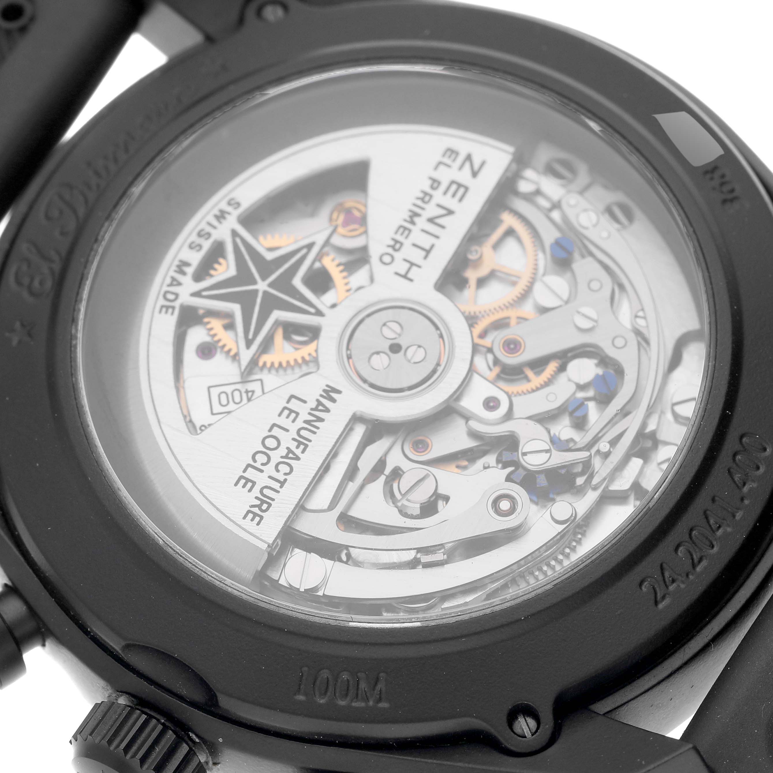 The image shows the back view of a Zenith Chronomaster 24.2041.400/21.R576 Men's Ceramic Black Dial 24.2041.400/21.R576 Men's Ceramic Black Dial watch, highlighting its intricate El Primero movement and mechanical components.