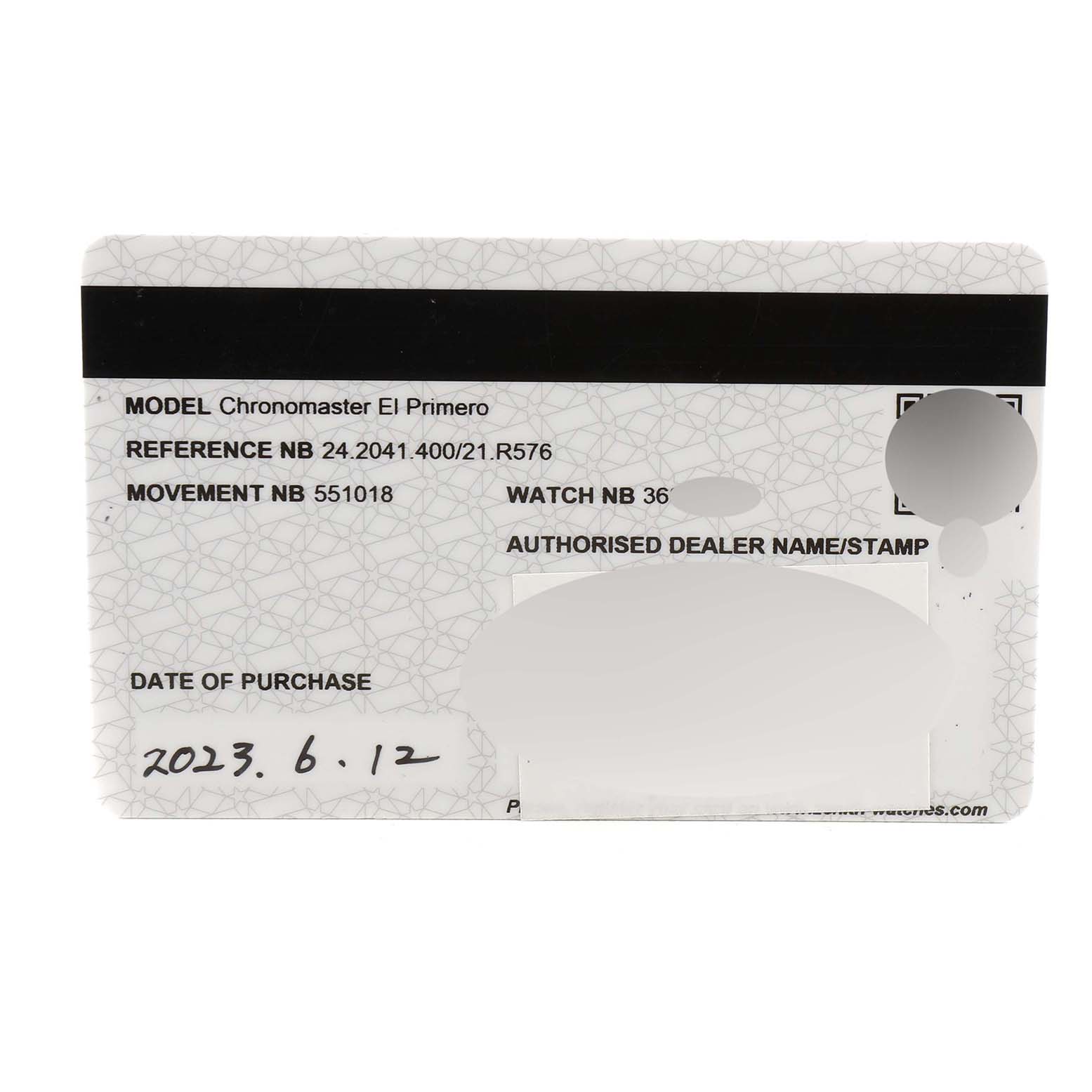 This is a warranty card for a Chronomaster El Primero by Zenith, showing model details and the date of purchase.