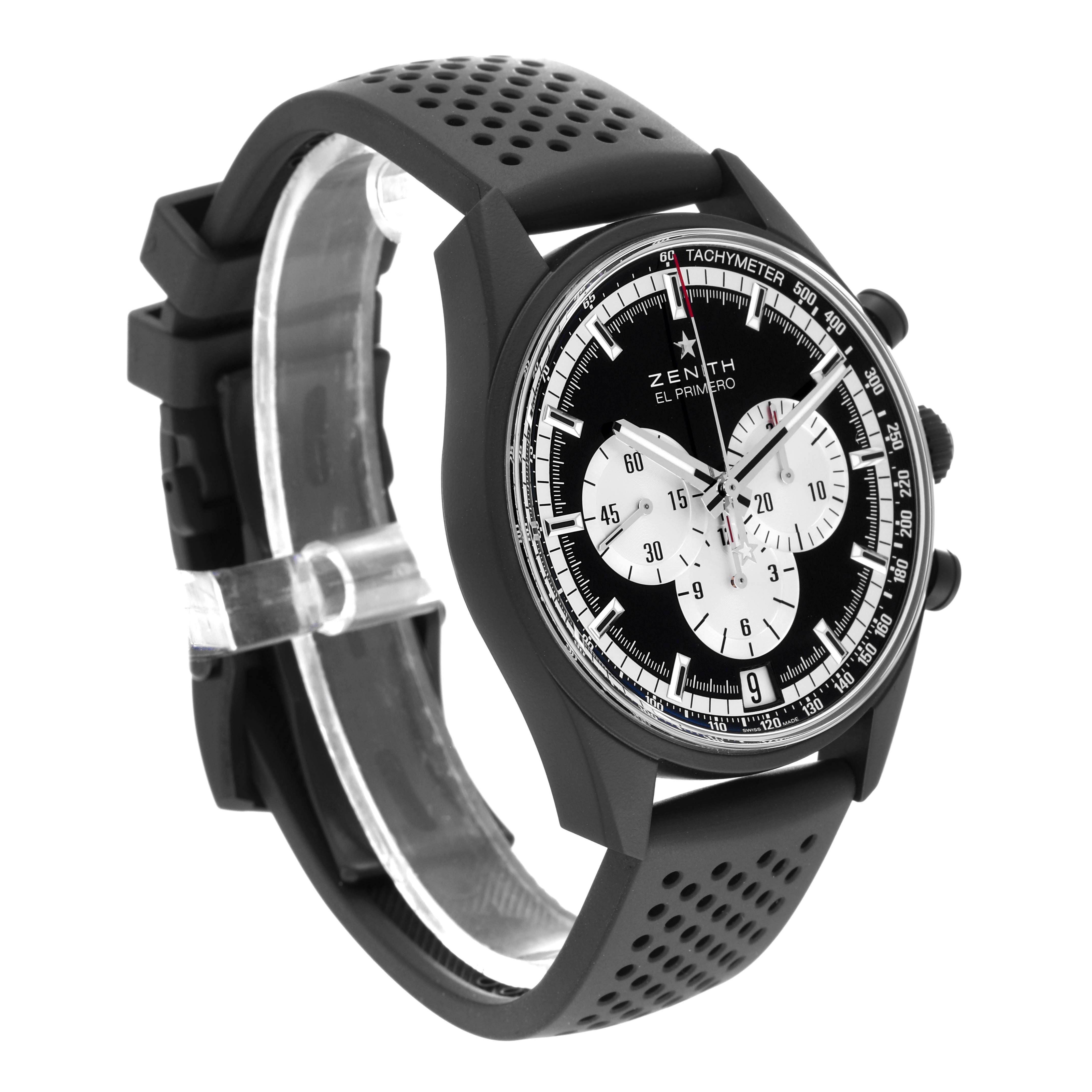 This Zenith Chronomaster 24.2041.400/21.R576 Men's Ceramic Black Dial 24.2041.400/21.R576 Men's Ceramic Black Dial watch is shown at a slight side angle, highlighting its face, band, and buttons.