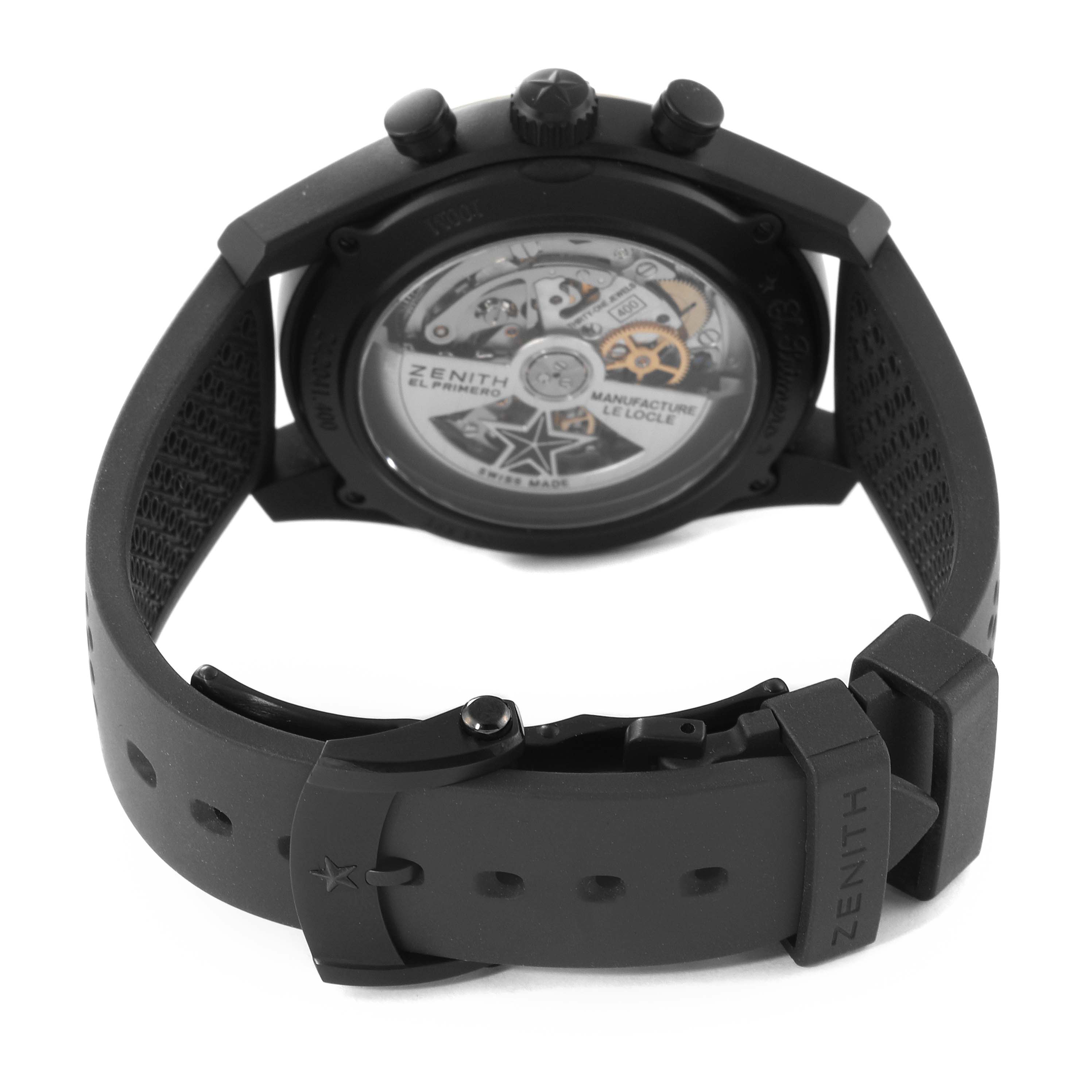 The image shows the back view of the Zenith Chronomaster 24.2041.400/21.R576 Men's Ceramic Black Dial 24.2041.400/21.R576 Men's Ceramic Black Dial watch, highlighting the movement and black strap with Zenith branding.