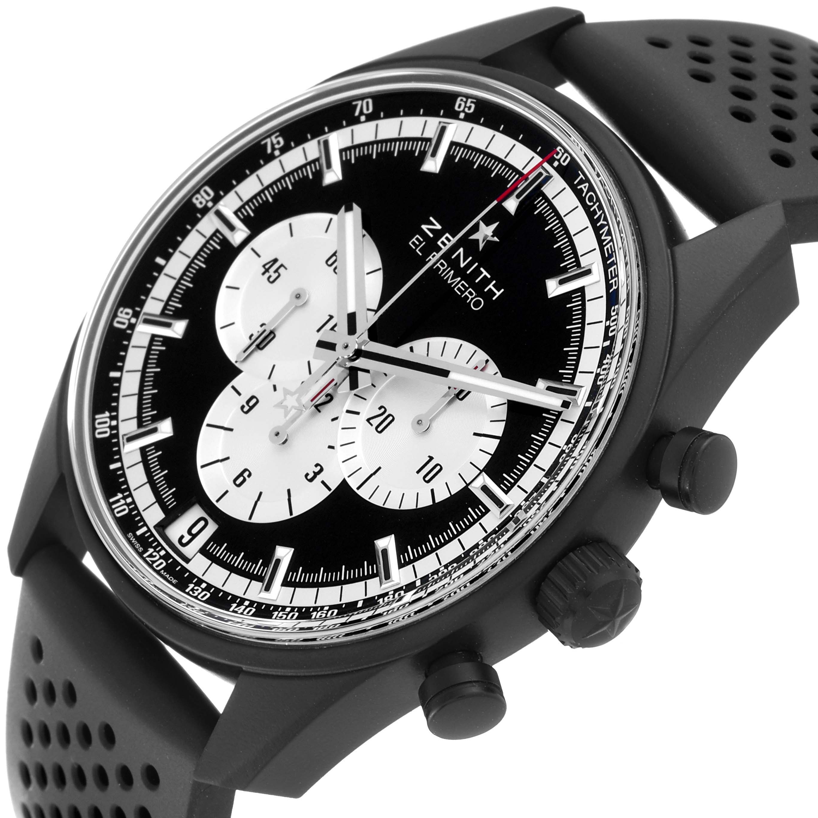 This image shows a top-angle view of the Zenith Chronomaster 24.2041.400/21.R576 Men's Ceramic Black Dial 24.2041.400/21.R576 Men's Ceramic Black Dial watch, highlighting its dial, subdials, and side pushers.