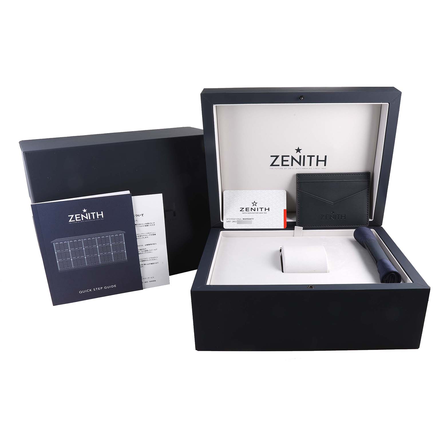 The image shows the open box of a Zenith Chronomaster 24.2041.400/21.R576 Men's Ceramic Black Dial 24.2041.400/21.R576 Men's Ceramic Black Dial watch along with the warranty card and quick step guide.
