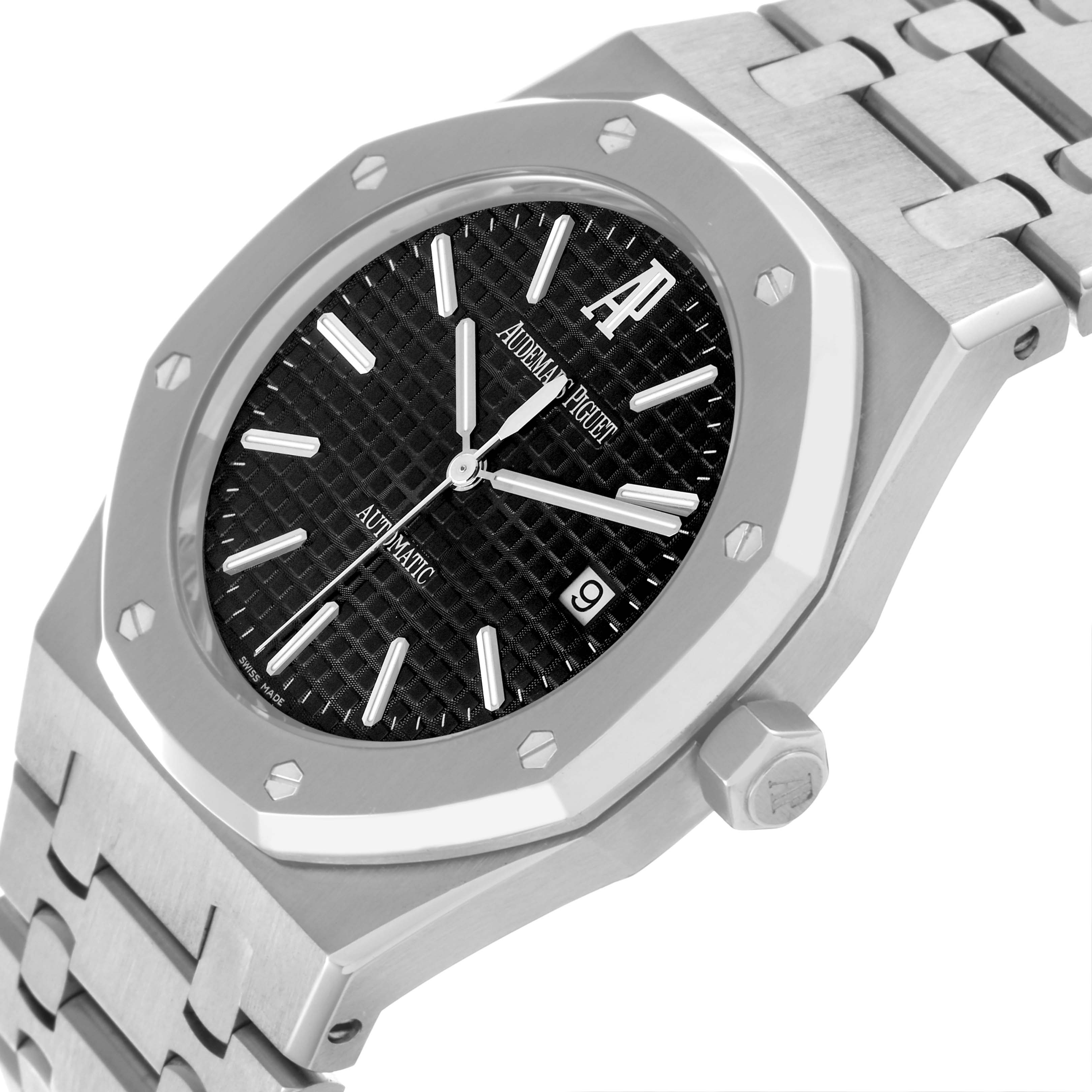 The Audemars Piguet Royal Oak 15300ST Men's Stainless Steel Black Dial 15300ST Men's Stainless Steel Black Dial watch is shown at an angled view highlighting the case, bezel, bracelet, and crown.