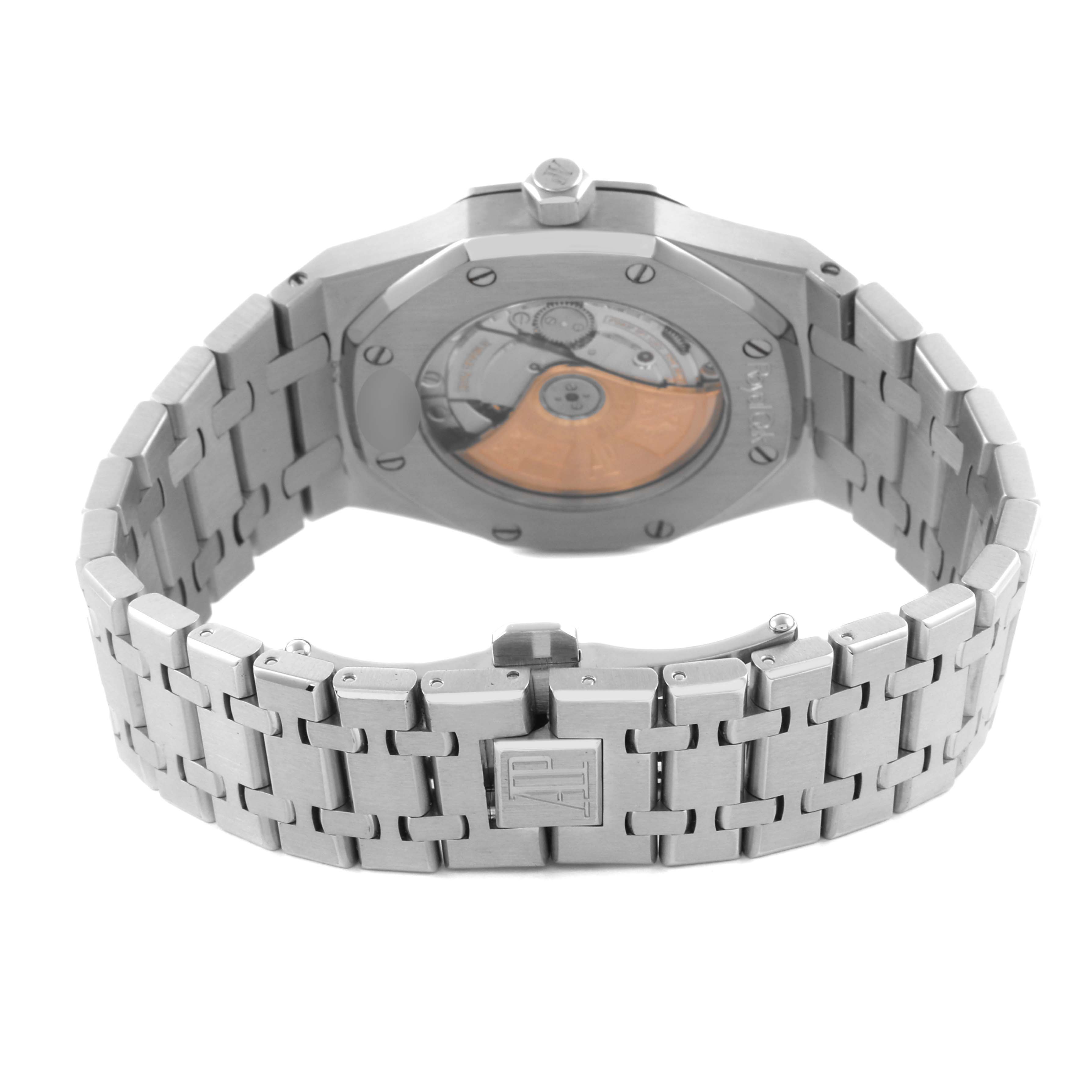 The image shows the back of the Audemars Piguet Royal Oak 15300ST Men's Stainless Steel Black Dial 15300ST Men's Stainless Steel Black Dial watch, highlighting the bracelet and transparent case back.