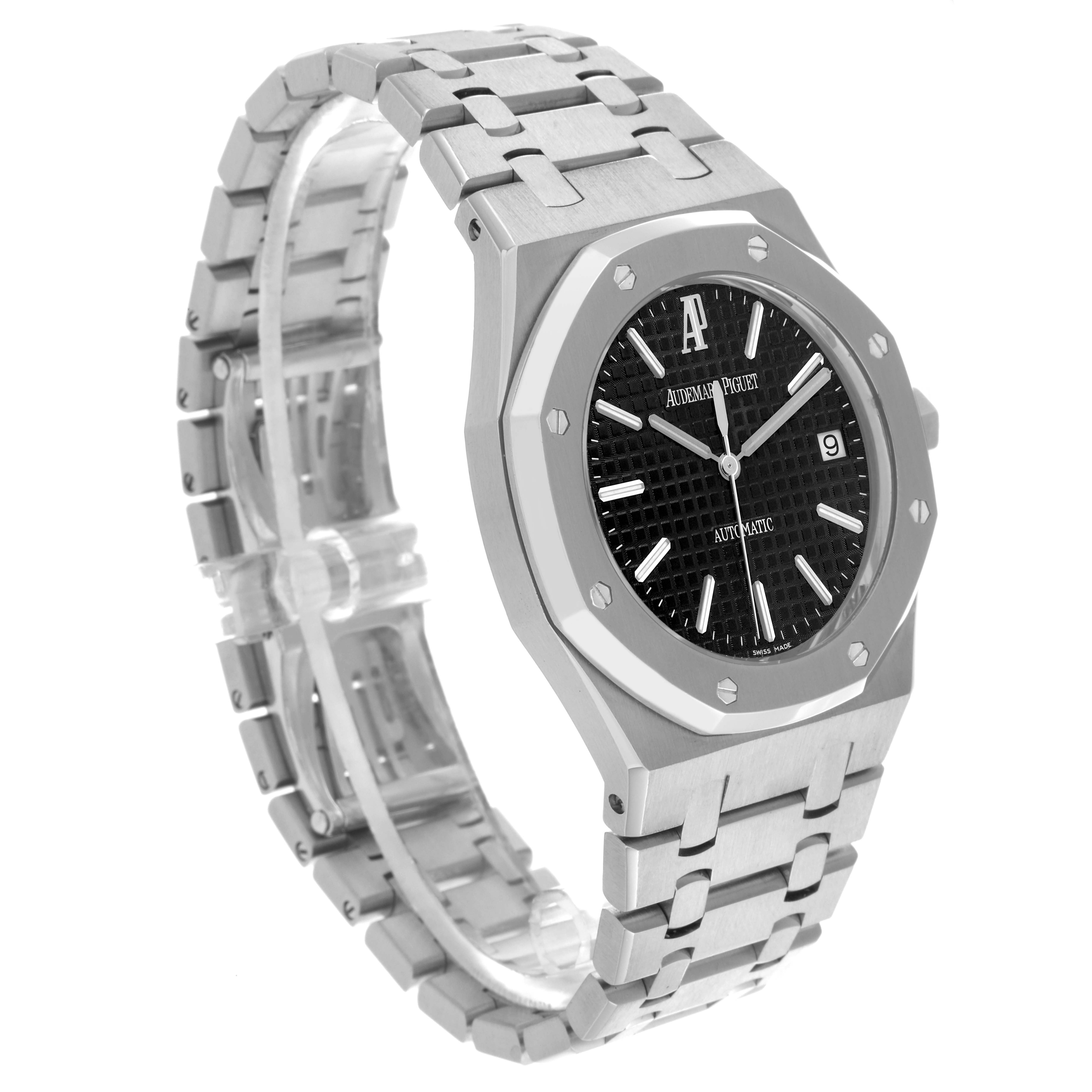 The Audemars Piguet Royal Oak 15300ST Men's Stainless Steel Black Dial 15300ST Men's Stainless Steel Black Dial watch is shown at an angled view highlighting the case, dial, bracelet, and bezel.