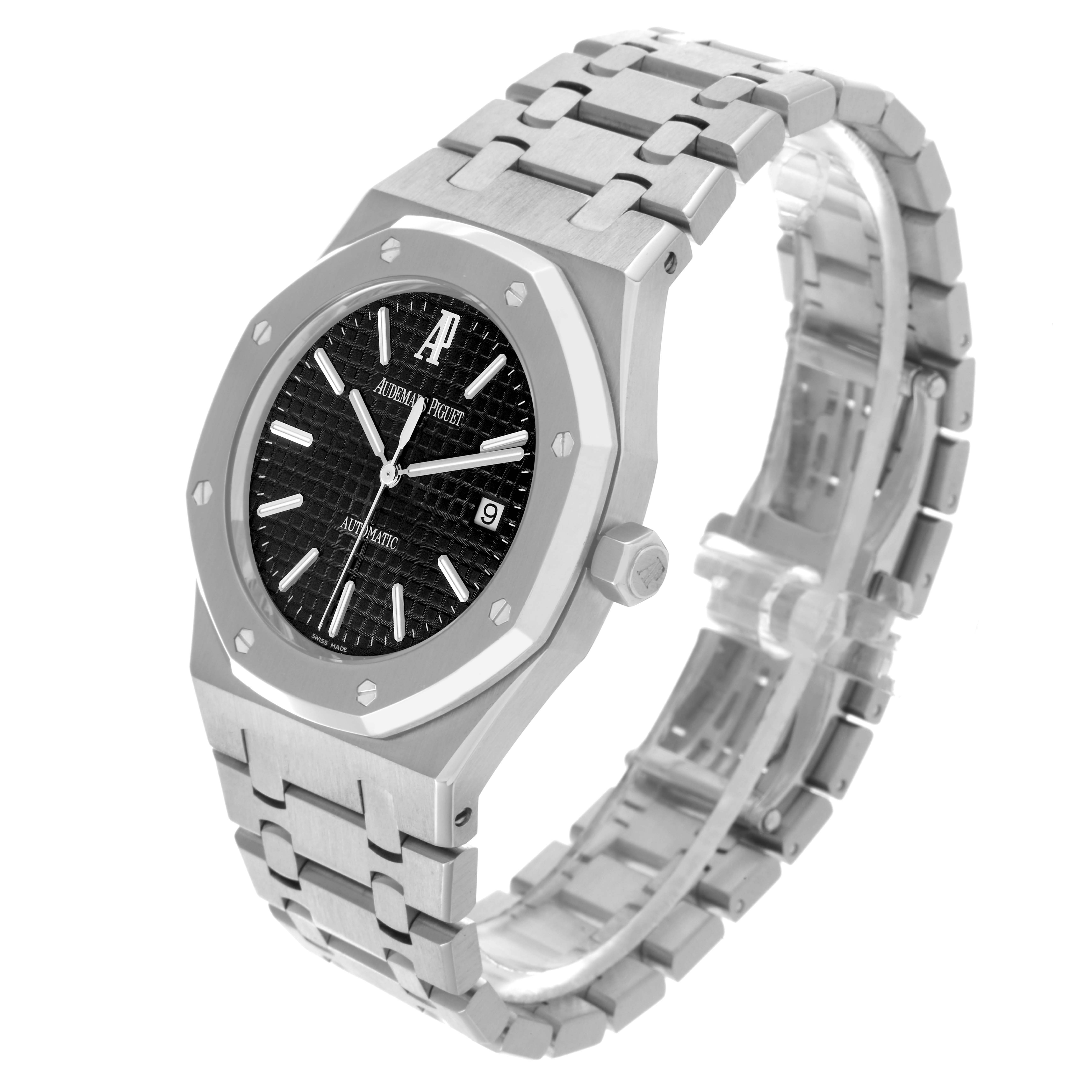 The Audemars Piguet Royal Oak 15300ST Men's Stainless Steel Black Dial 15300ST Men's Stainless Steel Black Dial is shown at an angle highlighting the face, bezel, and bracelet.