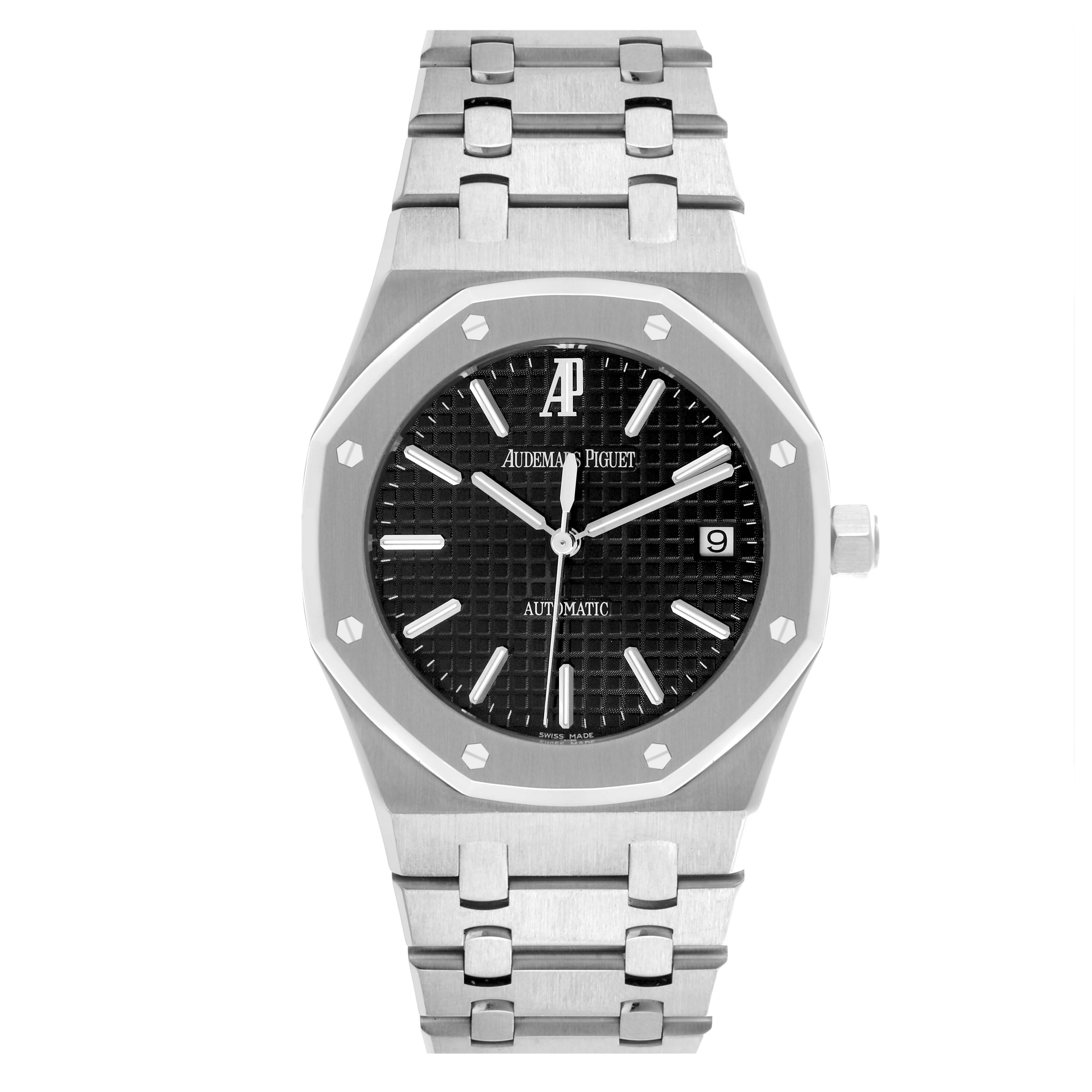 The Audemars Piguet Royal Oak 15300ST Men's Stainless Steel Black Dial 15300ST Men's Stainless Steel Black Dial watch is shown from the front, displaying the dial, bezel, and part of the bracelet.
