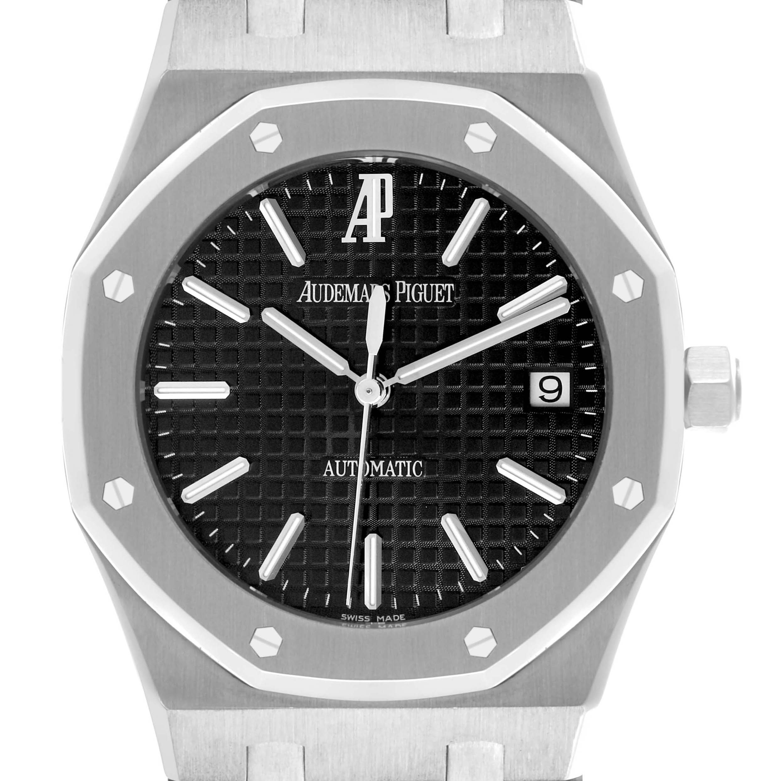 The Audemars Piguet Royal Oak 15300ST Men's Stainless Steel Black Dial 15300ST Men's Stainless Steel Black Dial watch is shown head-on, highlighting its octagonal bezel, black textured dial, and bracelet.