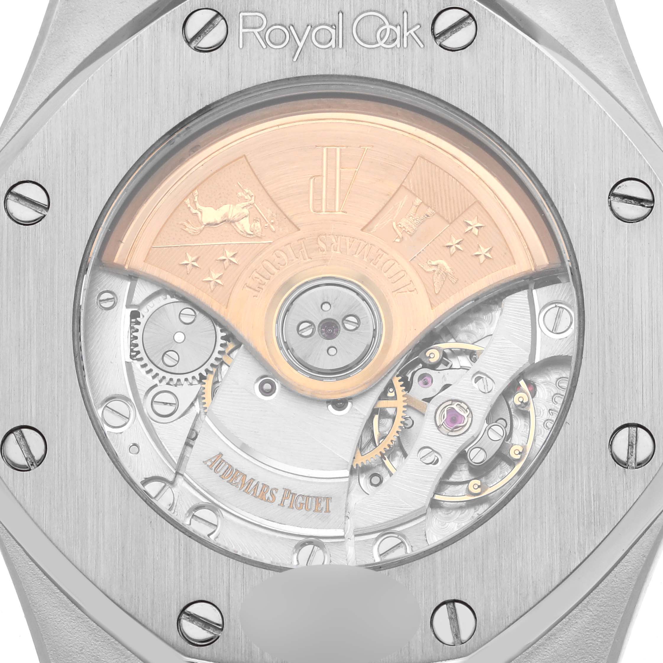 The image shows the back of the Audemars Piguet Royal Oak 15300ST Men's Stainless Steel Black Dial 15300ST Men's Stainless Steel Black Dial watch, highlighting the rotor and movement components.