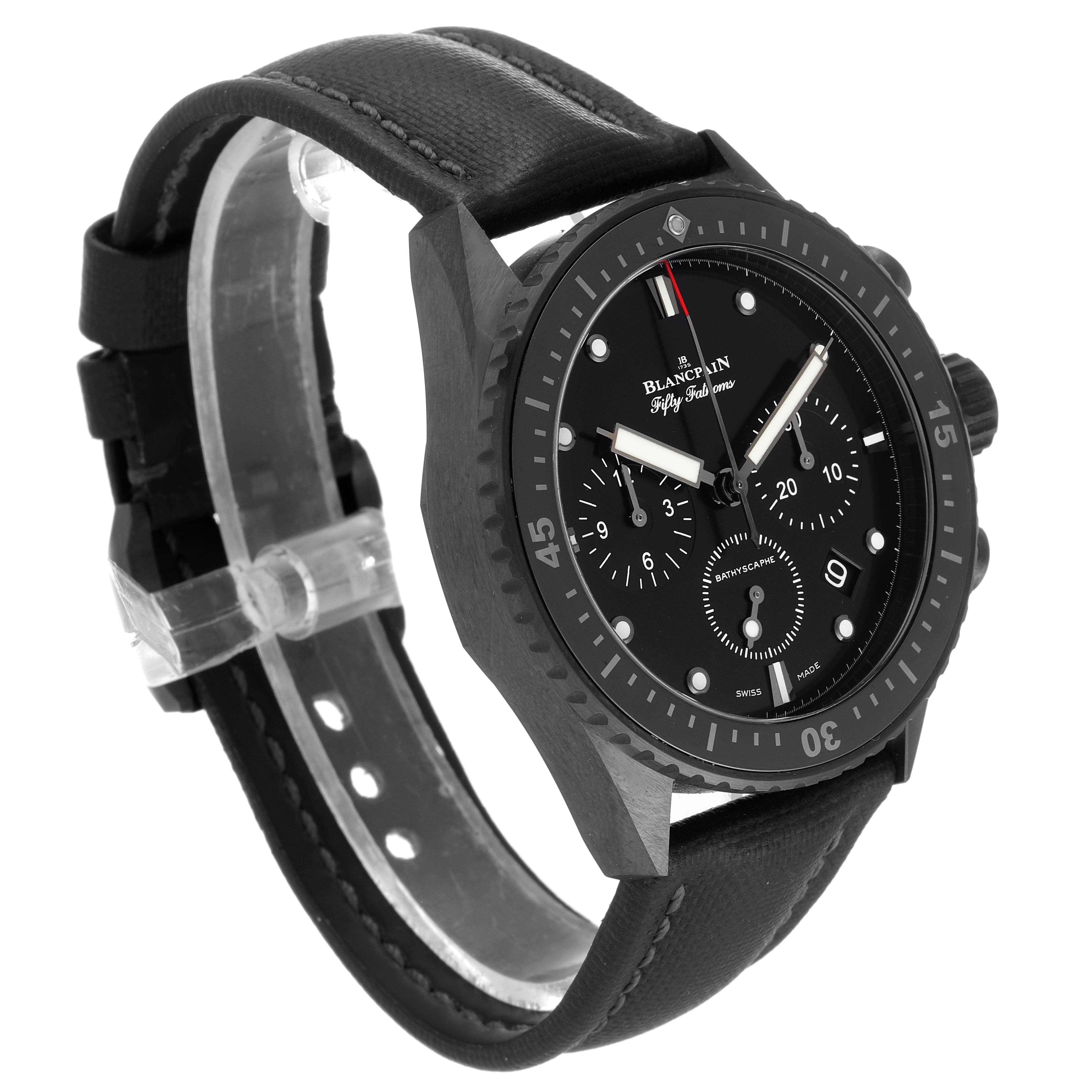 The image shows a Blancpain Fifty Fathoms 5200-0130-B52A Men's Ceramic Black Dial 5200-0130-B52A Men's Ceramic Black Dial watch at a slight angle, highlighting its black dial, bezel, and strap.