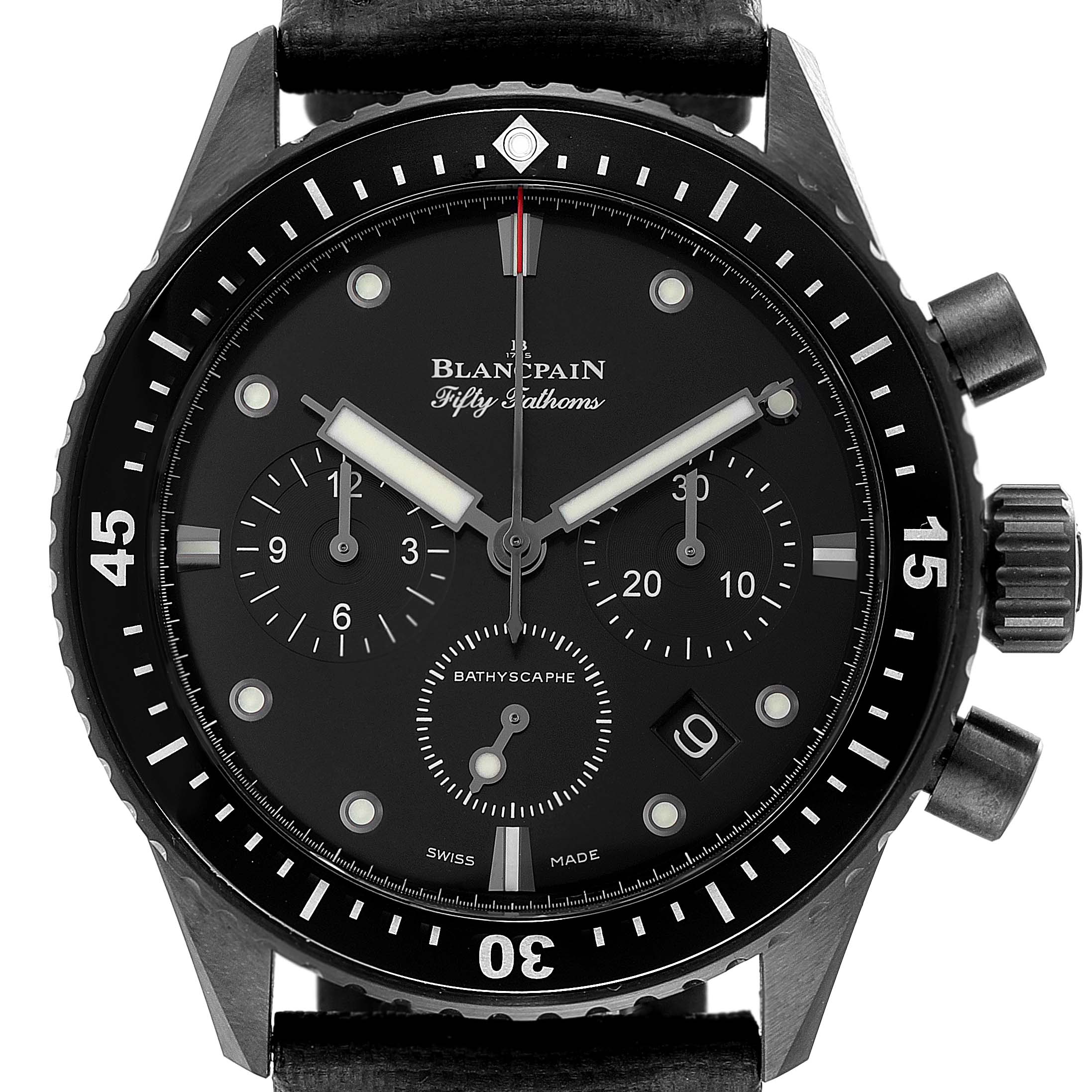 The image shows a front view of the Blancpain Fifty Fathoms 5200-0130-B52A Men's Ceramic Black Dial 5200-0130-B52A Men's Ceramic Black Dial watch, displaying its black dial, bezel, subdials, and crown.