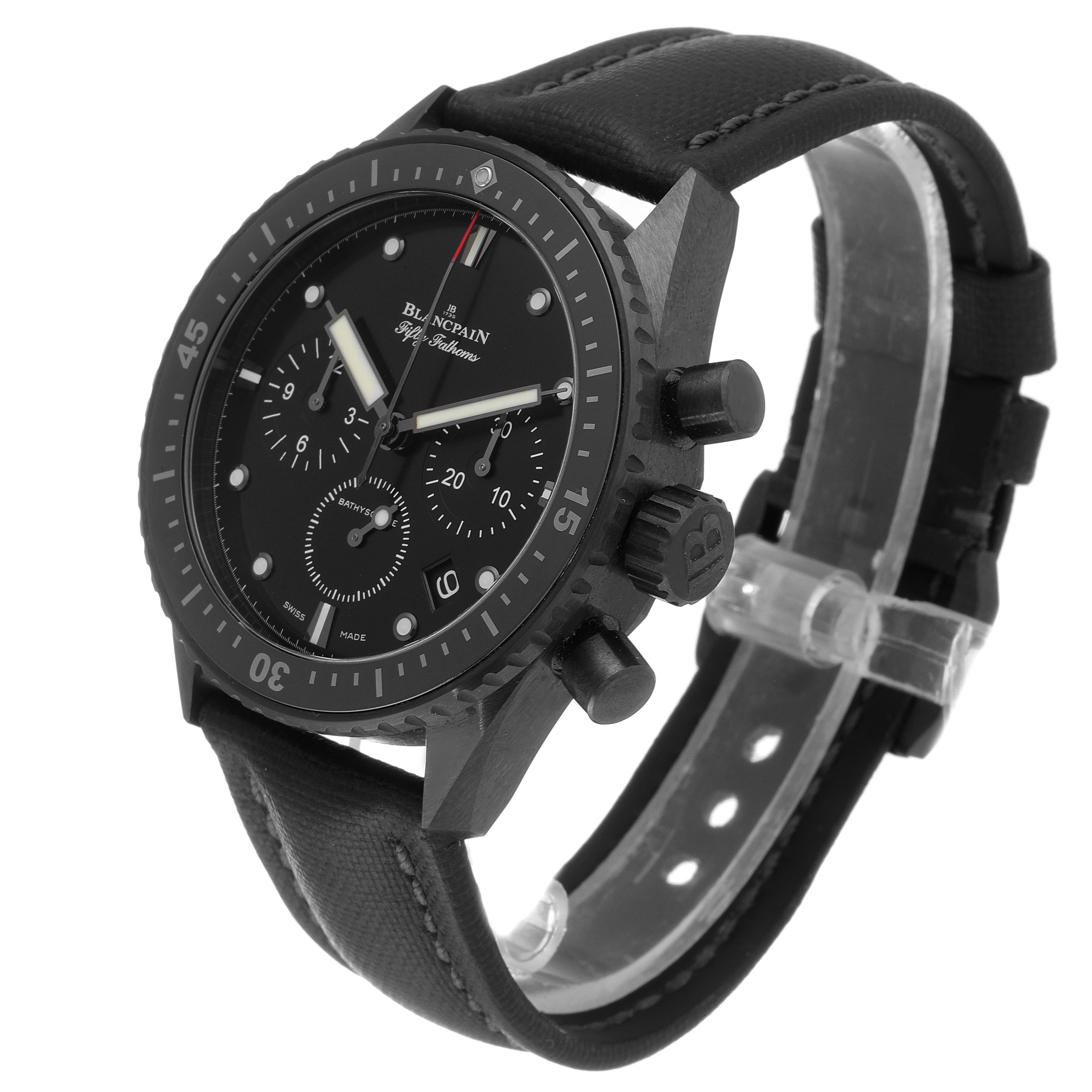The Blancpain Fifty Fathoms 5200-0130-B52A Men's Ceramic Black Dial 5200-0130-B52A Men's Ceramic Black Dial watch is shown at an angle highlighting the dial, bezel, crown, pushers, and black strap.
