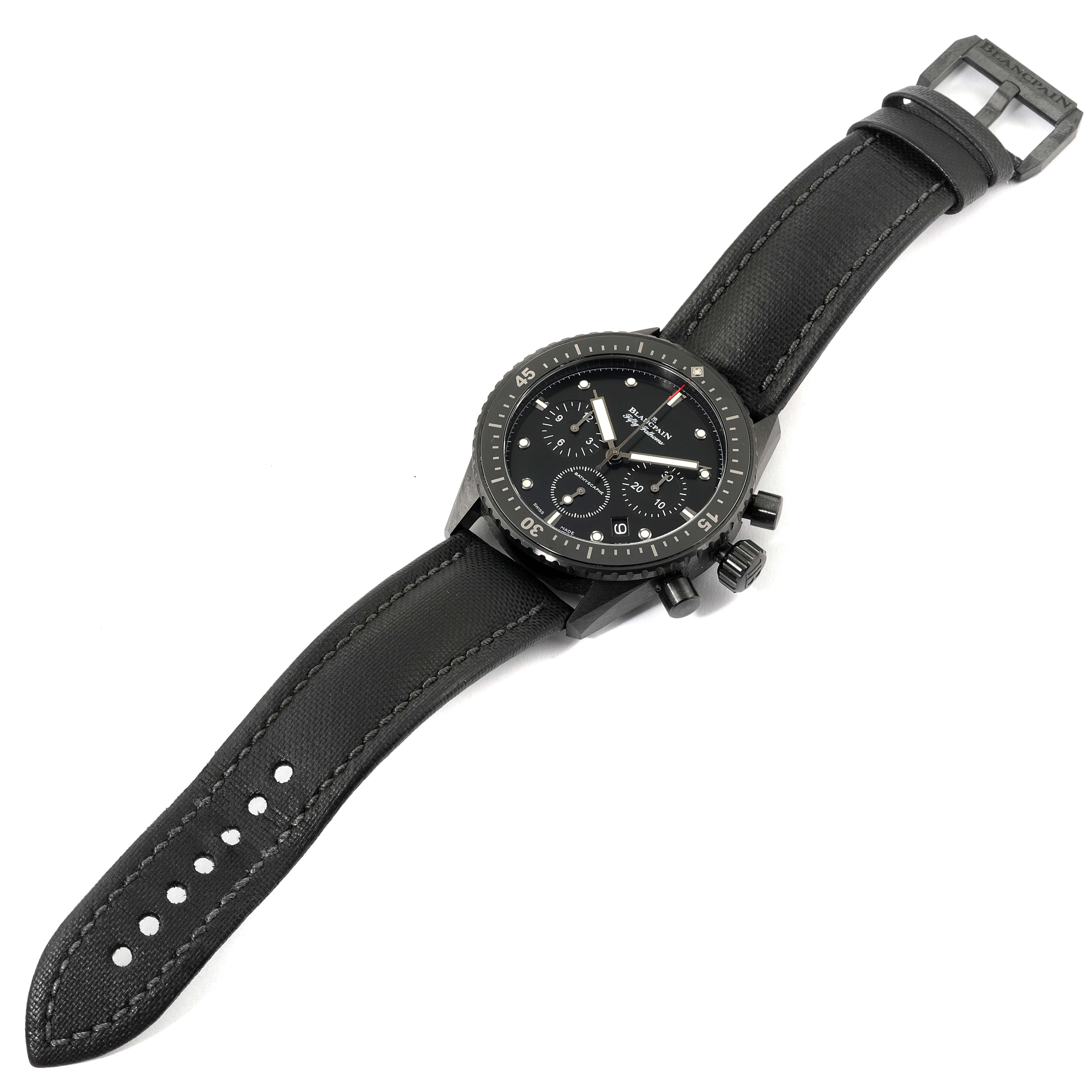 This image shows a top-down view of the Blancpain Fifty Fathoms 5200-0130-B52A Men's Ceramic Black Dial 5200-0130-B52A Men's Ceramic Black Dial watch, displaying the face, bezel, and strap with its buckle.