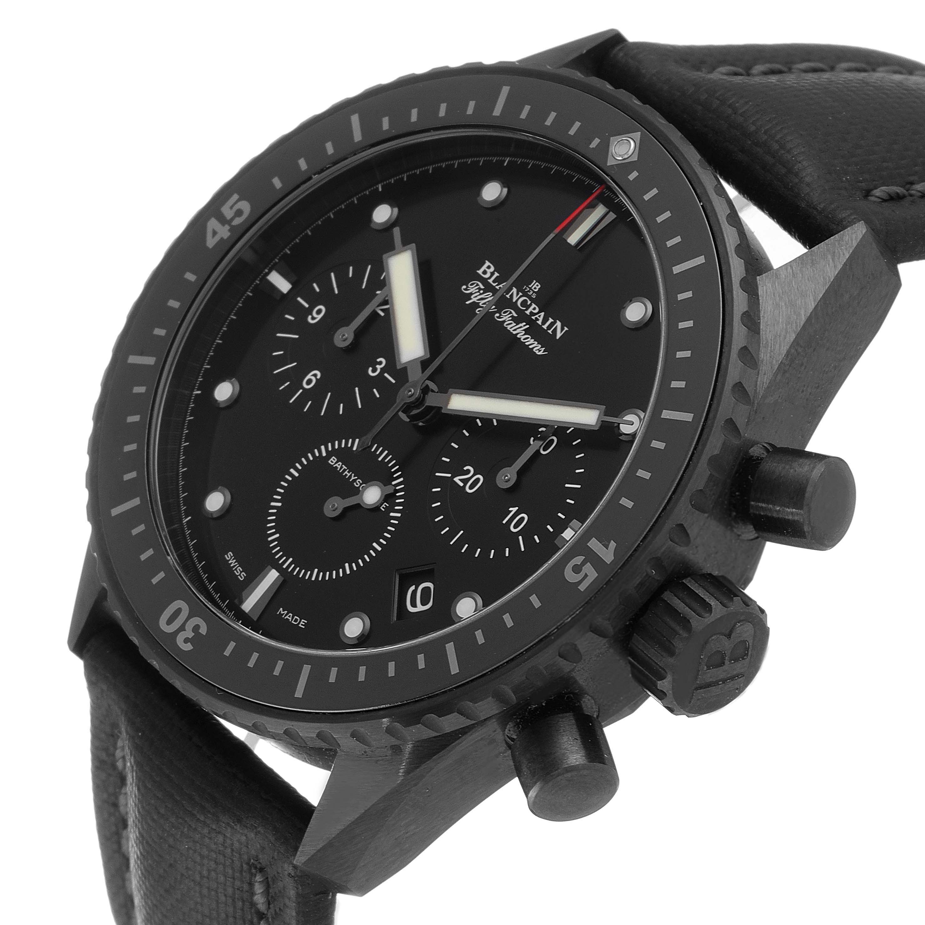 The image shows a Blancpain Fifty Fathoms 5200-0130-B52A Men's Ceramic Black Dial 5200-0130-B52A Men's Ceramic Black Dial watch at a 3/4 angle, highlighting its bezel, dial, subdials, and side pushers.
