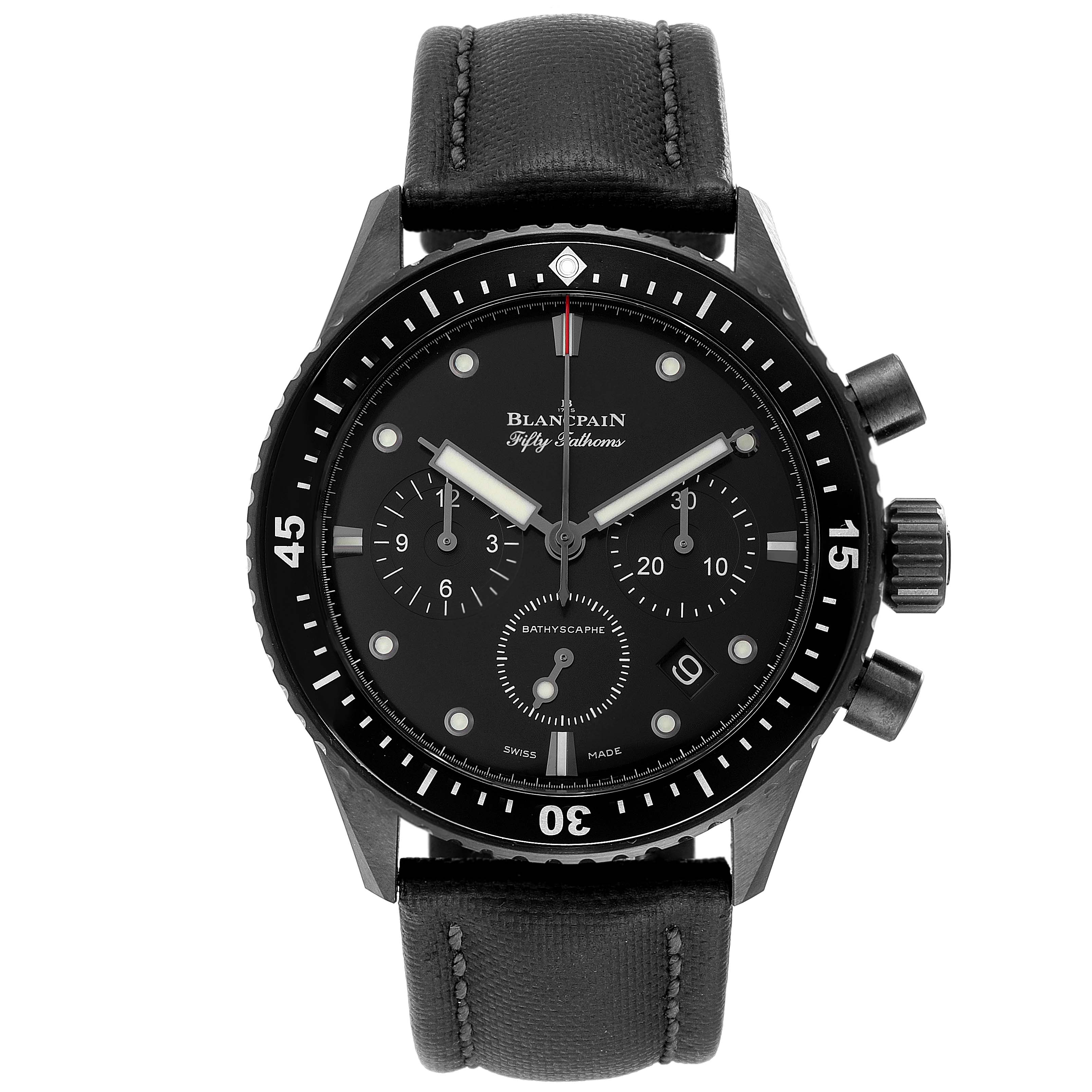 The image shows a front view of a Blancpain Fifty Fathoms 5200-0130-B52A Men's Ceramic Black Dial 5200-0130-B52A Men's Ceramic Black Dial watch, featuring a black dial, bezel, and leather strap.