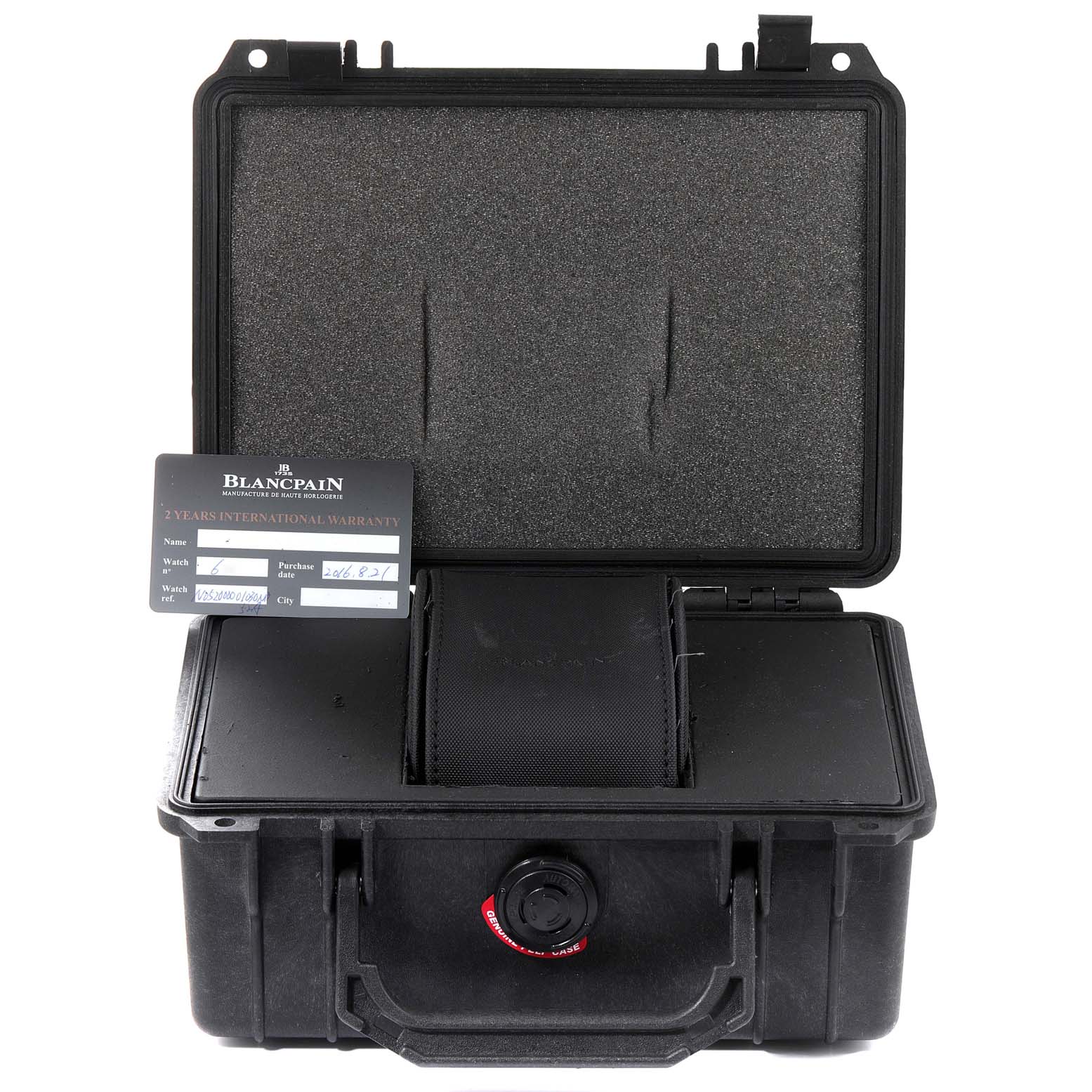 The image shows a top-down view of a Blancpain Fifty Fathoms 5200-0130-B52A Men's Ceramic Black Dial 5200-0130-B52A Men's Ceramic Black Dial watch case and an international warranty card.