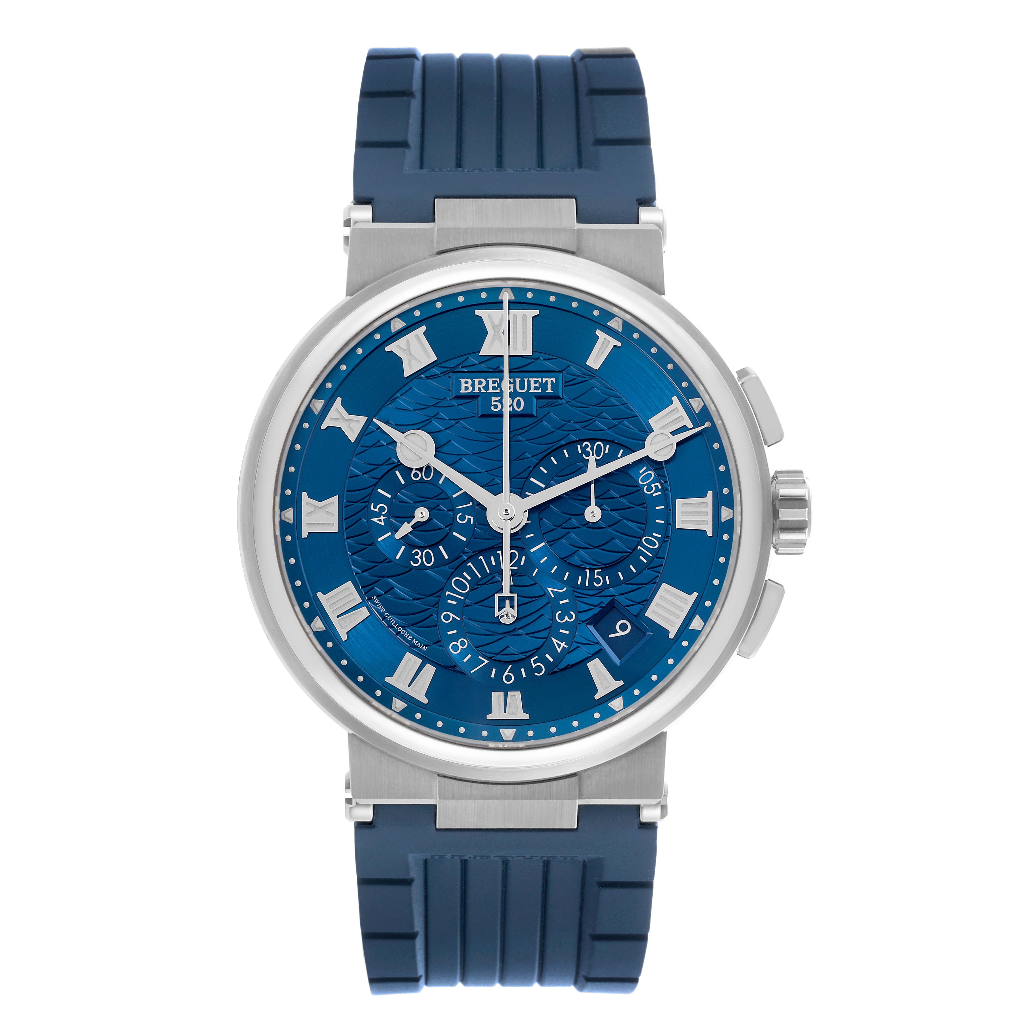 The Breguet Marine 5527BB/Y2/5WV Men's White Gold Blue Dial 5527BB/Y2/5WV Men's White Gold Blue Dial watch is shown from a front view, highlighting its blue dial, Roman numerals, and strap.