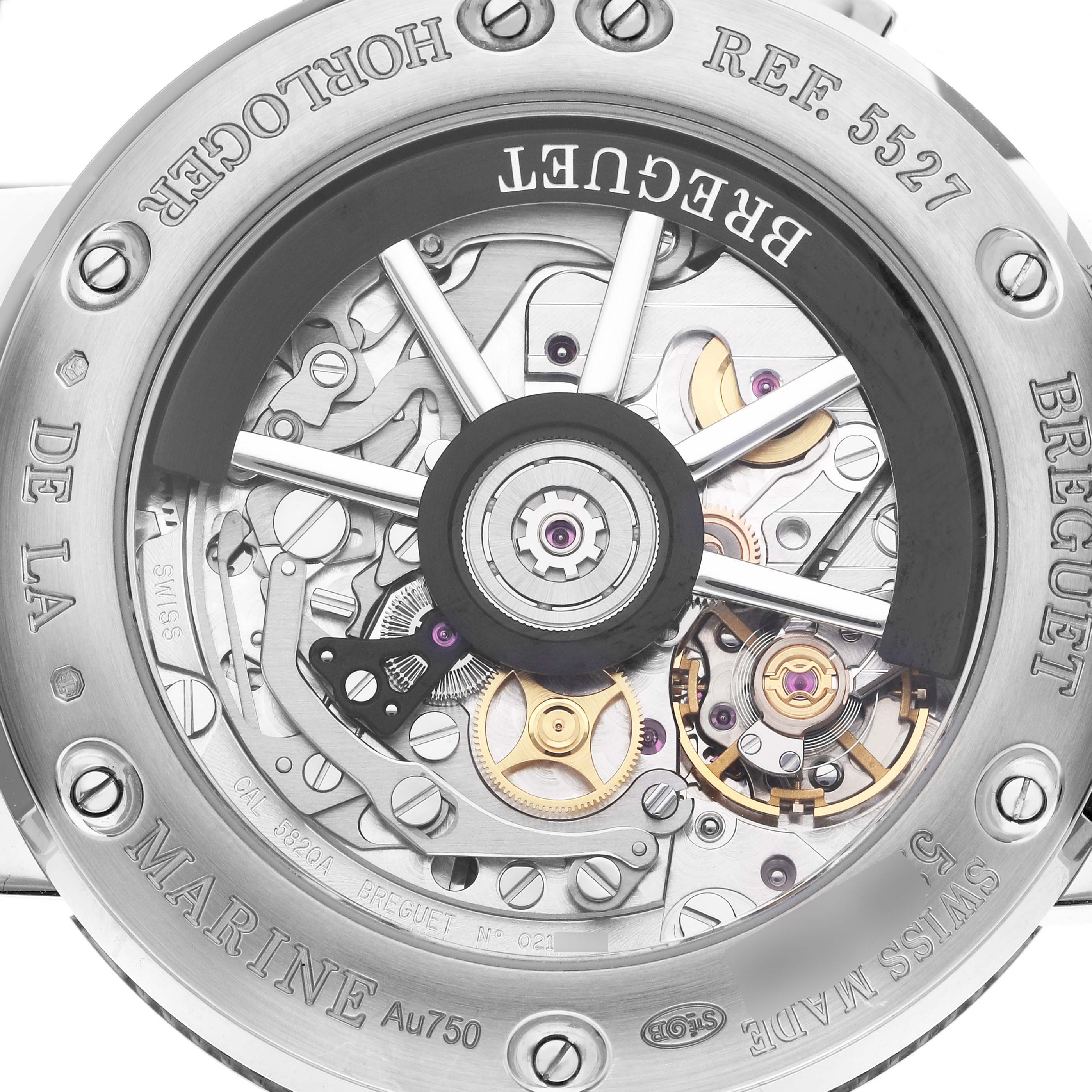 The image shows the back view of a Breguet Marine 5527BB/Y2/5WV Men's White Gold Blue Dial 5527BB/Y2/5WV Men's White Gold Blue Dial model, displaying its intricate movement and rotor.