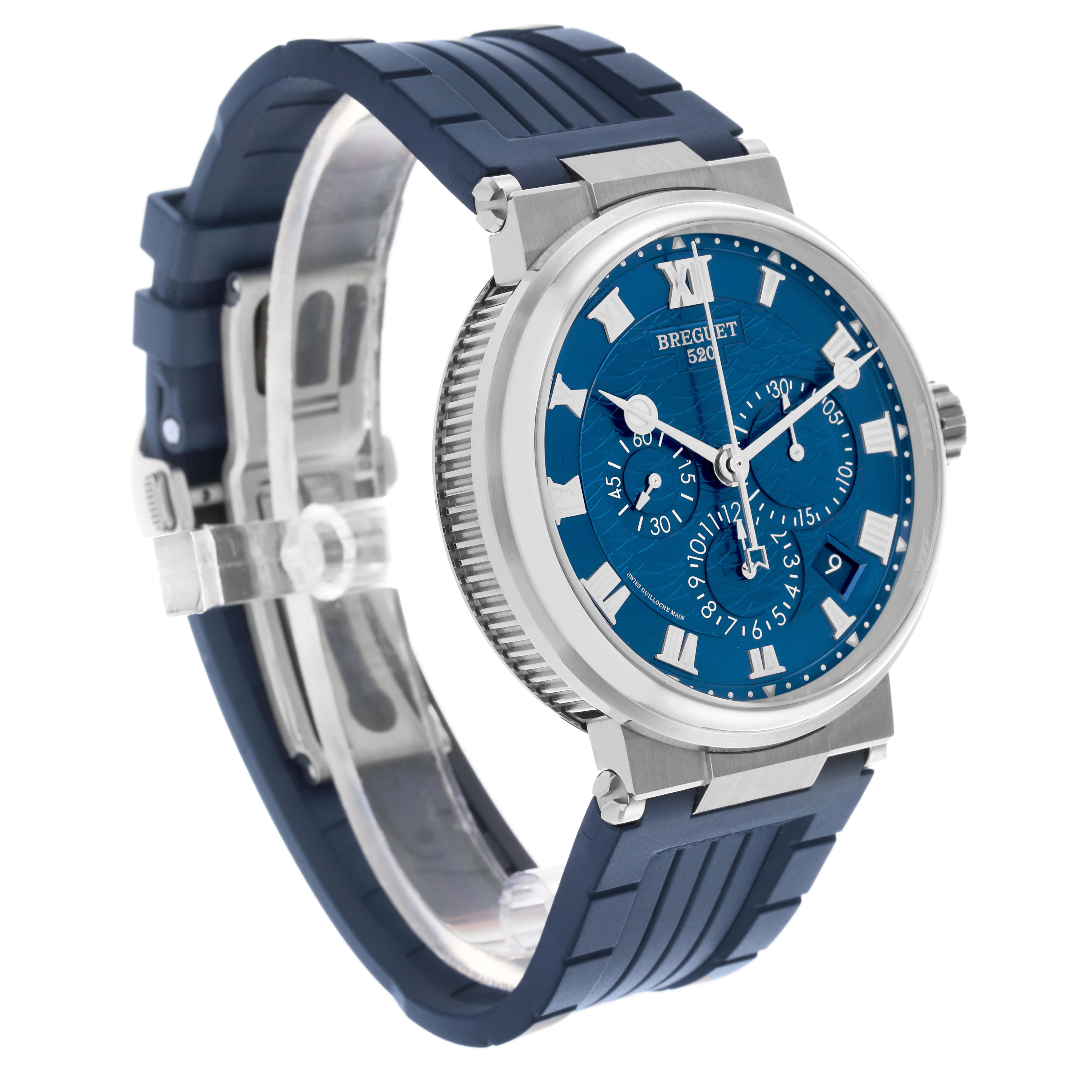 The Breguet Marine 5527BB/Y2/5WV Men's White Gold Blue Dial 5527BB/Y2/5WV Men's White Gold Blue Dial watch is shown at an angled side view, highlighting the dial and rubber strap.