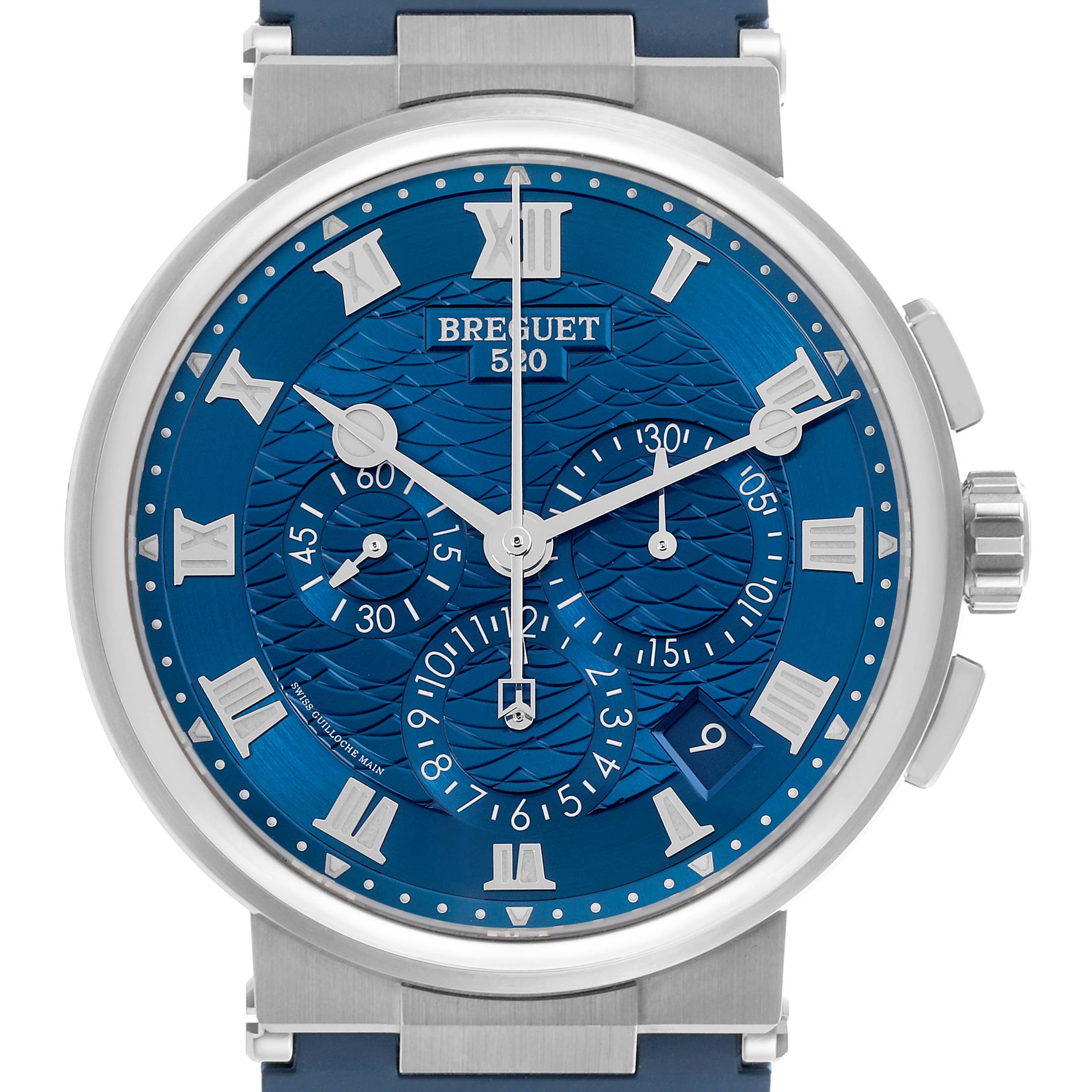 The image shows a front view of the Breguet Marine 5527BB/Y2/5WV Men's White Gold Blue Dial 5527BB/Y2/5WV Men's White Gold Blue Dial model watch, highlighting the blue dial, Roman numerals, subdials, and crown.