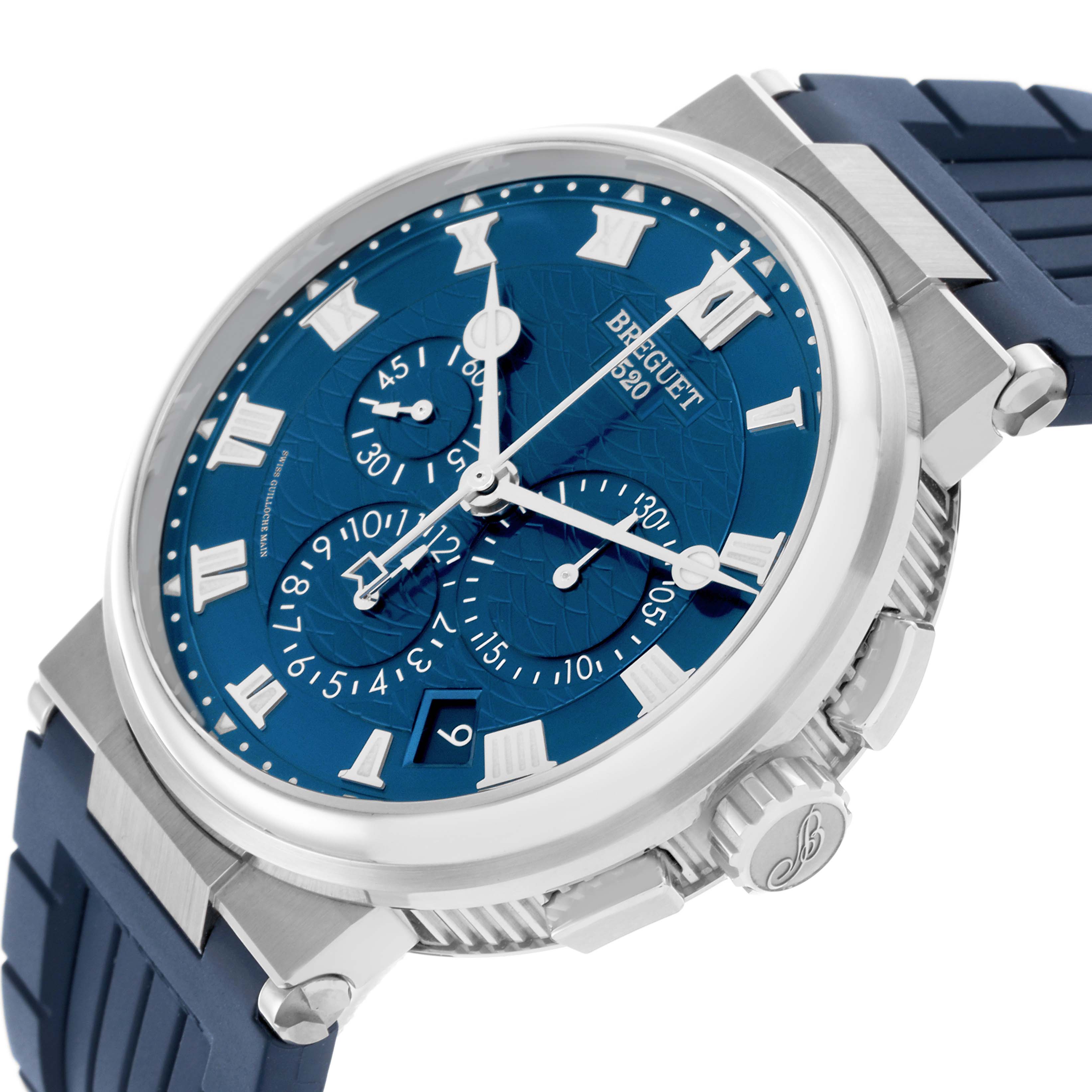 The Breguet Marine 5527BB/Y2/5WV Men's White Gold Blue Dial 5527BB/Y2/5WV Men's White Gold Blue Dial model is shown at a three-quarter angle, highlighting the blue dial, subdials, and a blue strap.