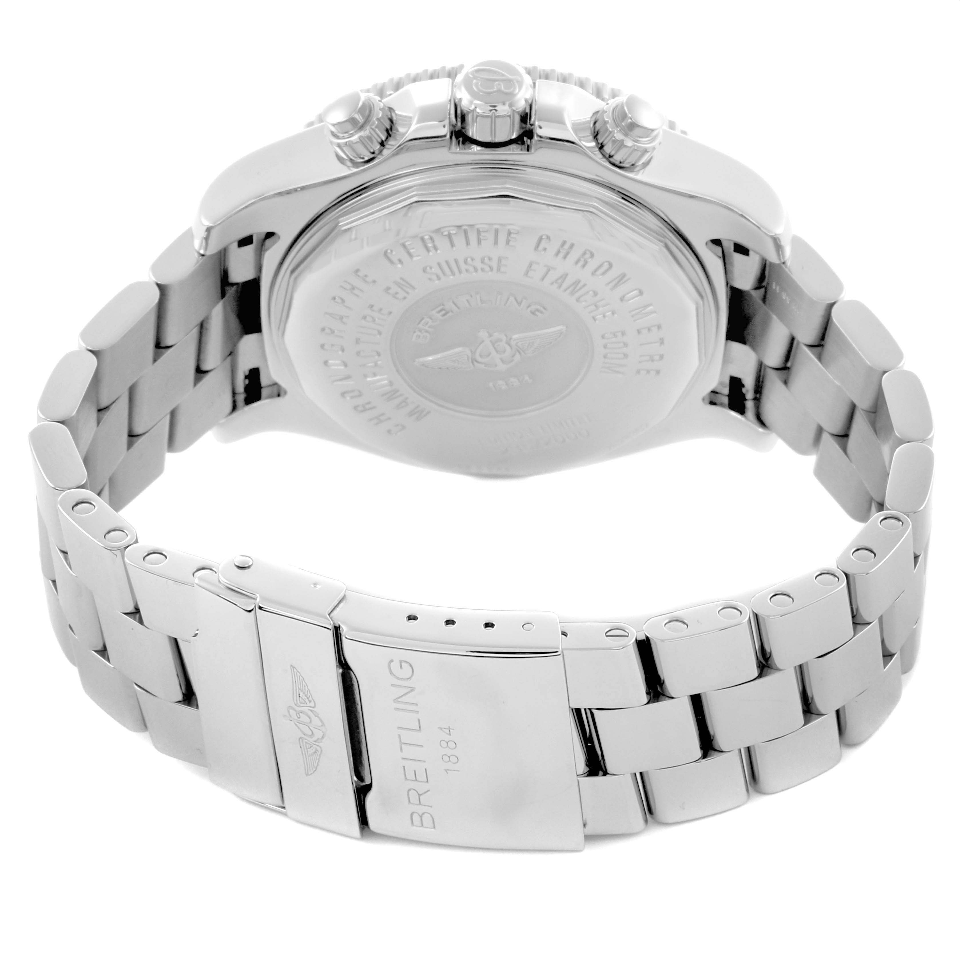 The image shows the underside of a Breitling Superocean A13341 Men's Stainless Steel Black Dial A13341 Men's Stainless Steel Black Dial watch, featuring the case back, crown, and metal bracelet with the clasp visible.