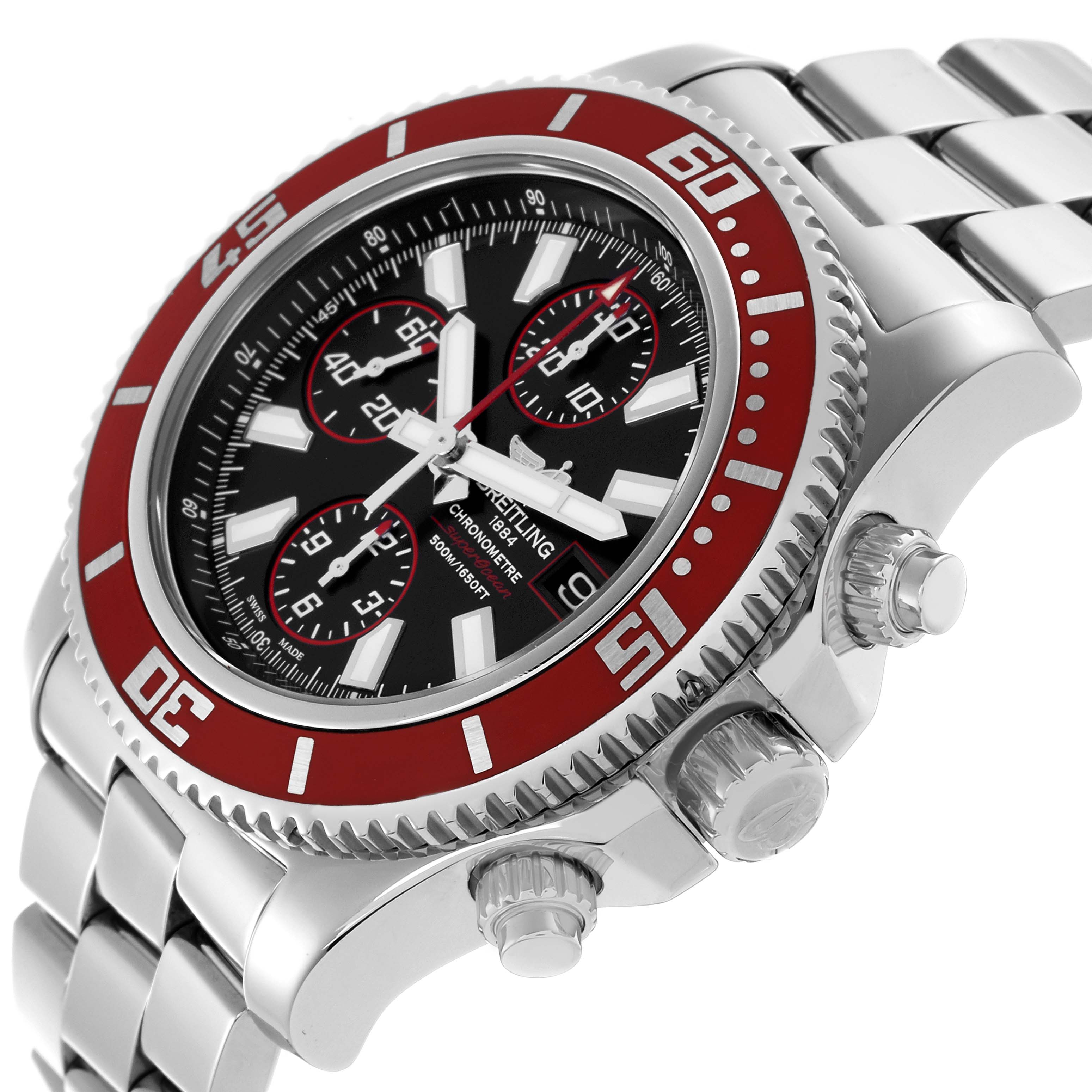 The Breitling Superocean A13341 Men's Stainless Steel Black Dial A13341 Men's Stainless Steel Black Dial watch is shown at a side angle, highlighting the bezel, dial, pushers, crown, and bracelet.