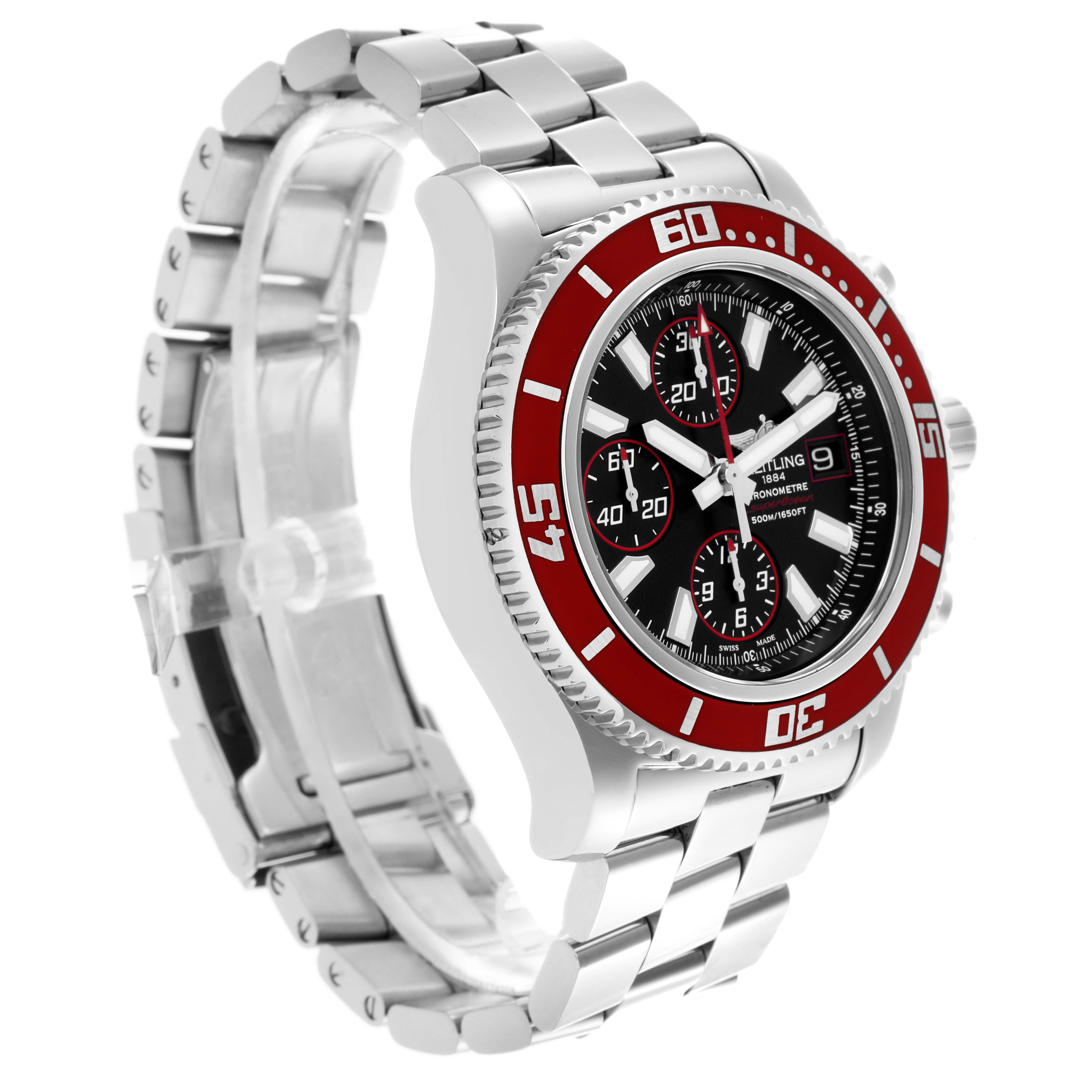 The Breitling Superocean A13341 Men's Stainless Steel Black Dial A13341 Men's Stainless Steel Black Dial watch is shown at a slight angle, highlighting its red bezel, black dial, and stainless steel bracelet.