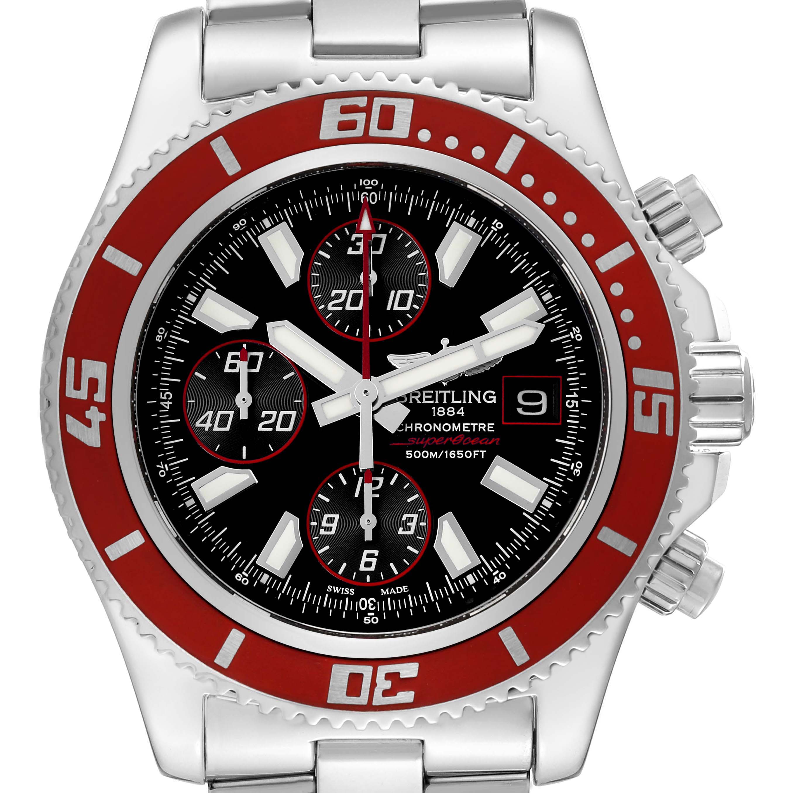 The Breitling Superocean A13341 Men's Stainless Steel Black Dial A13341 Men's Stainless Steel Black Dial watch is shown from a front view, highlighting the red bezel, chronograph subdials, and date window.