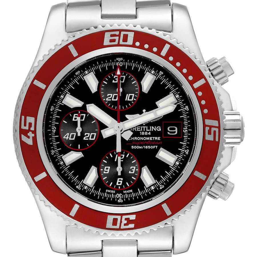 The Breitling Superocean watch is shown from a front view, highlighting the red bezel, chronograph subdials, and date window.