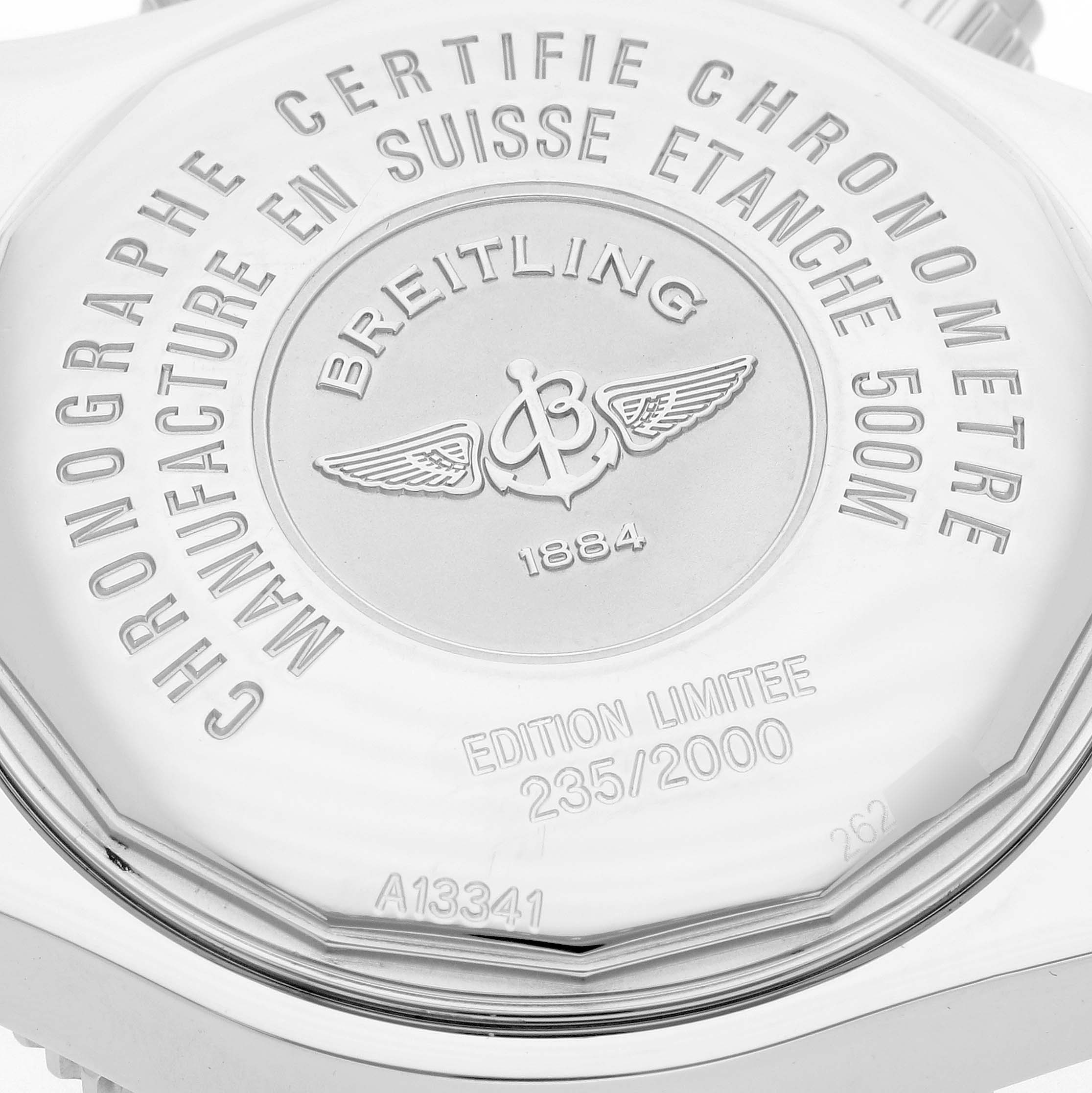 The image shows the case back of a Breitling Superocean A13341 Men's Stainless Steel Black Dial A13341 Men's Stainless Steel Black Dial watch, displaying engravings and branding details.