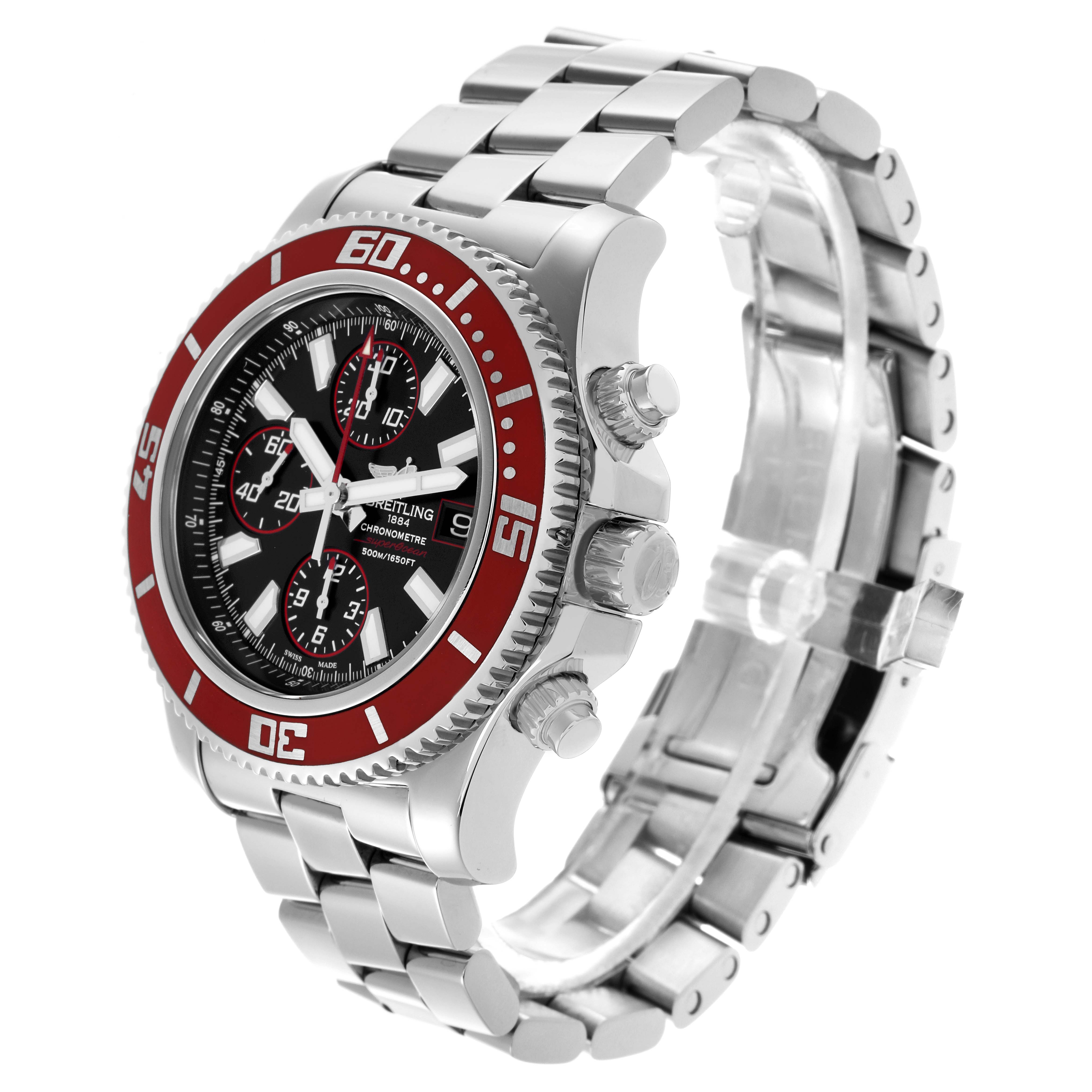 The Breitling Superocean A13341 Men's Stainless Steel Black Dial A13341 Men's Stainless Steel Black Dial watch is shown at a three-quarter angle, highlighting the bezel, dial, and stainless steel bracelet.